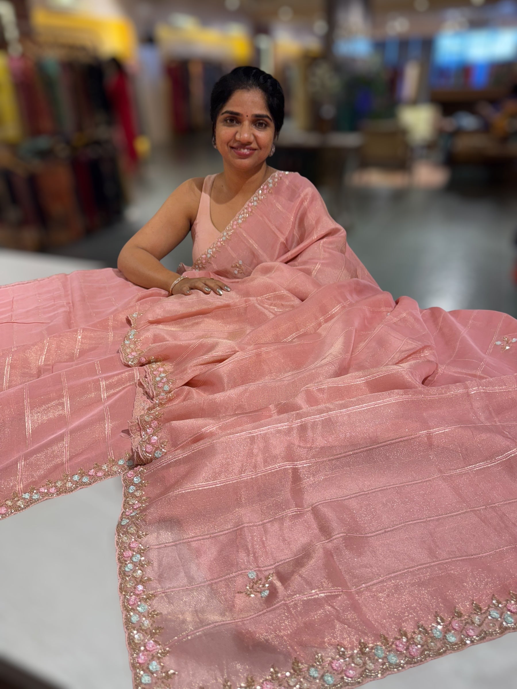 Tissue Gorgette Saree With Hanwork Border and Blouse.