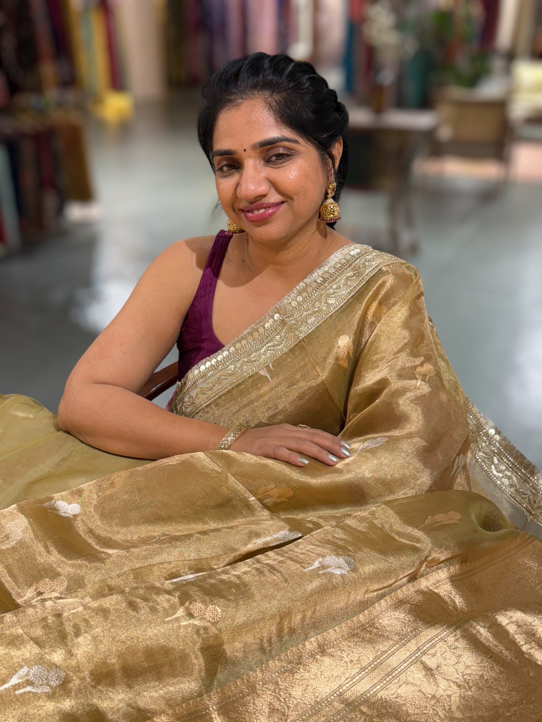 Gold Pure handloom Banarasi Tissue saree