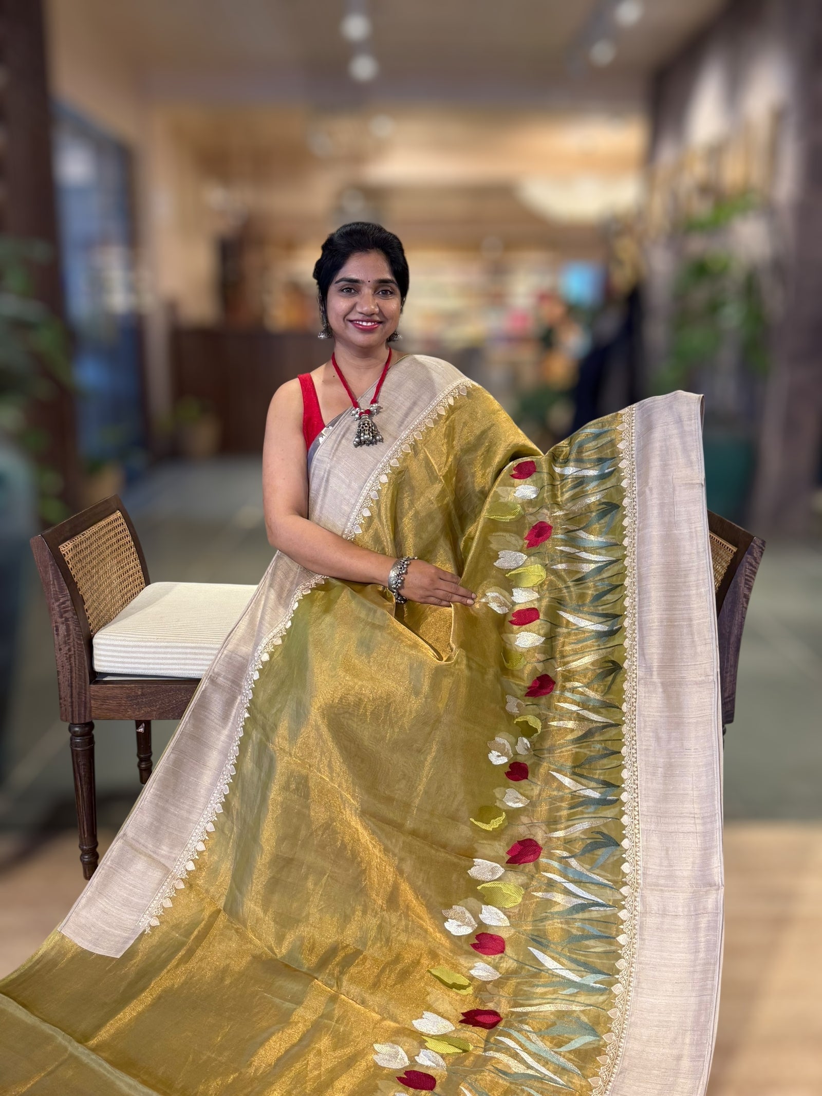 Lime Green Designer Handloom Tissue Saree With Tulip embroidery