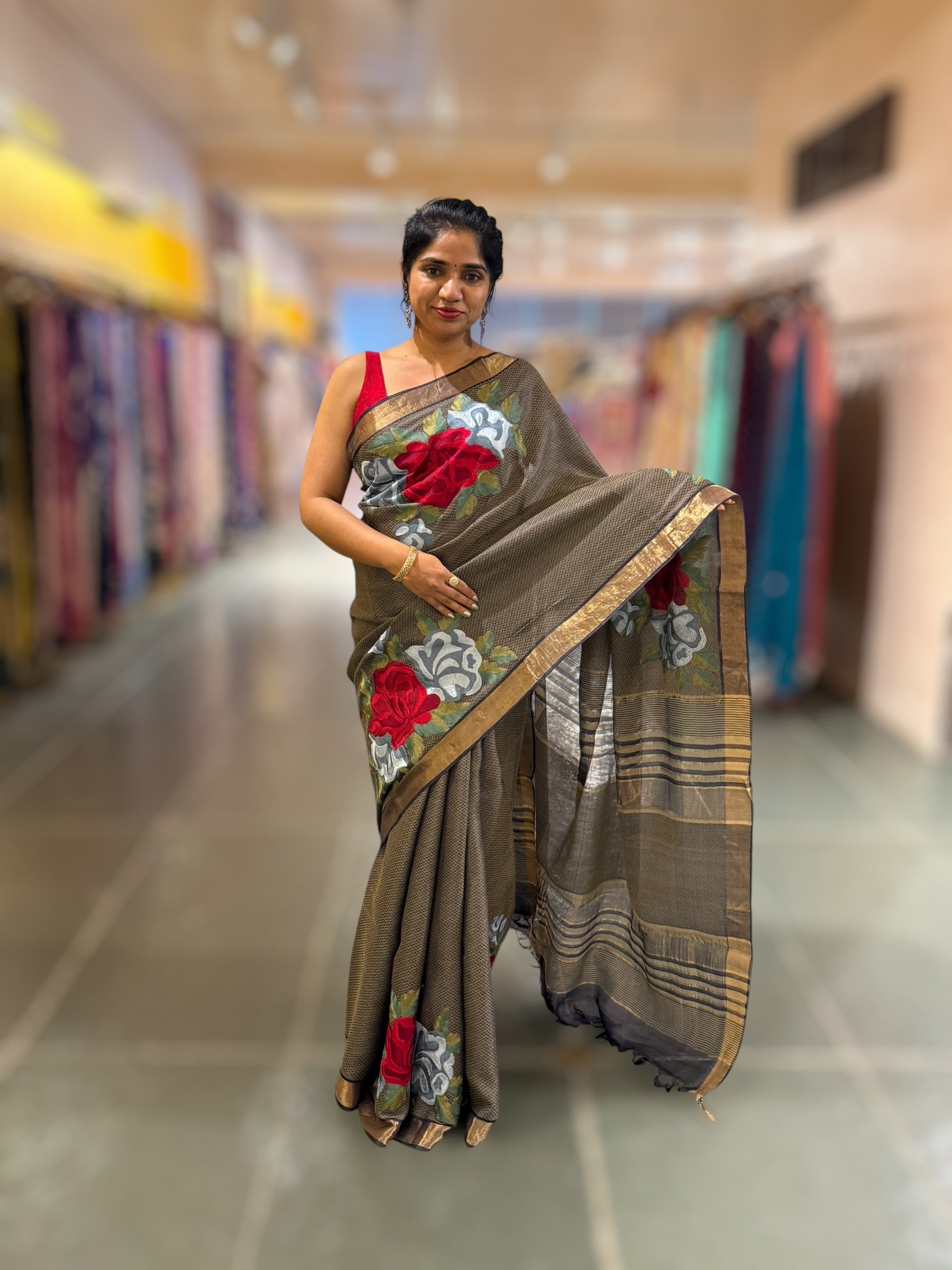 Elephant Grey Tussar Brocade Saree With Statement Red Rose Embroidery.