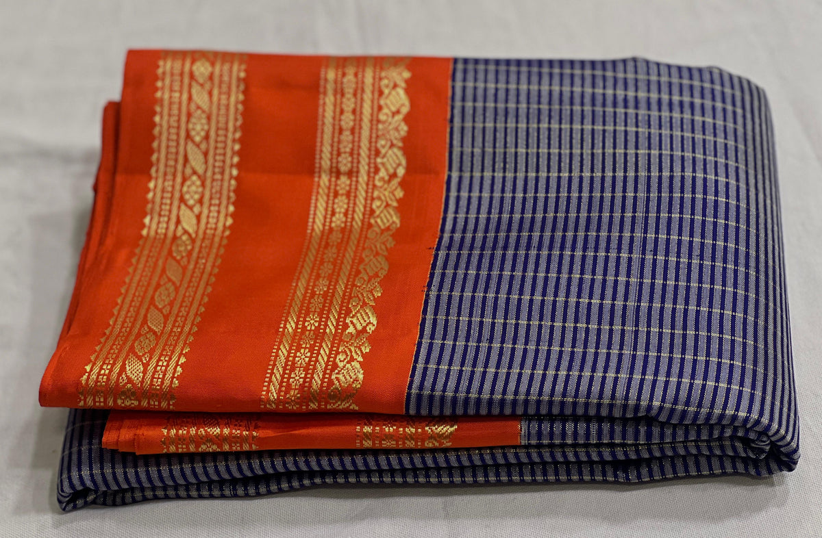 Blue & Orange Combo Vintage Checks Gap Border Kanjeevaram Saree