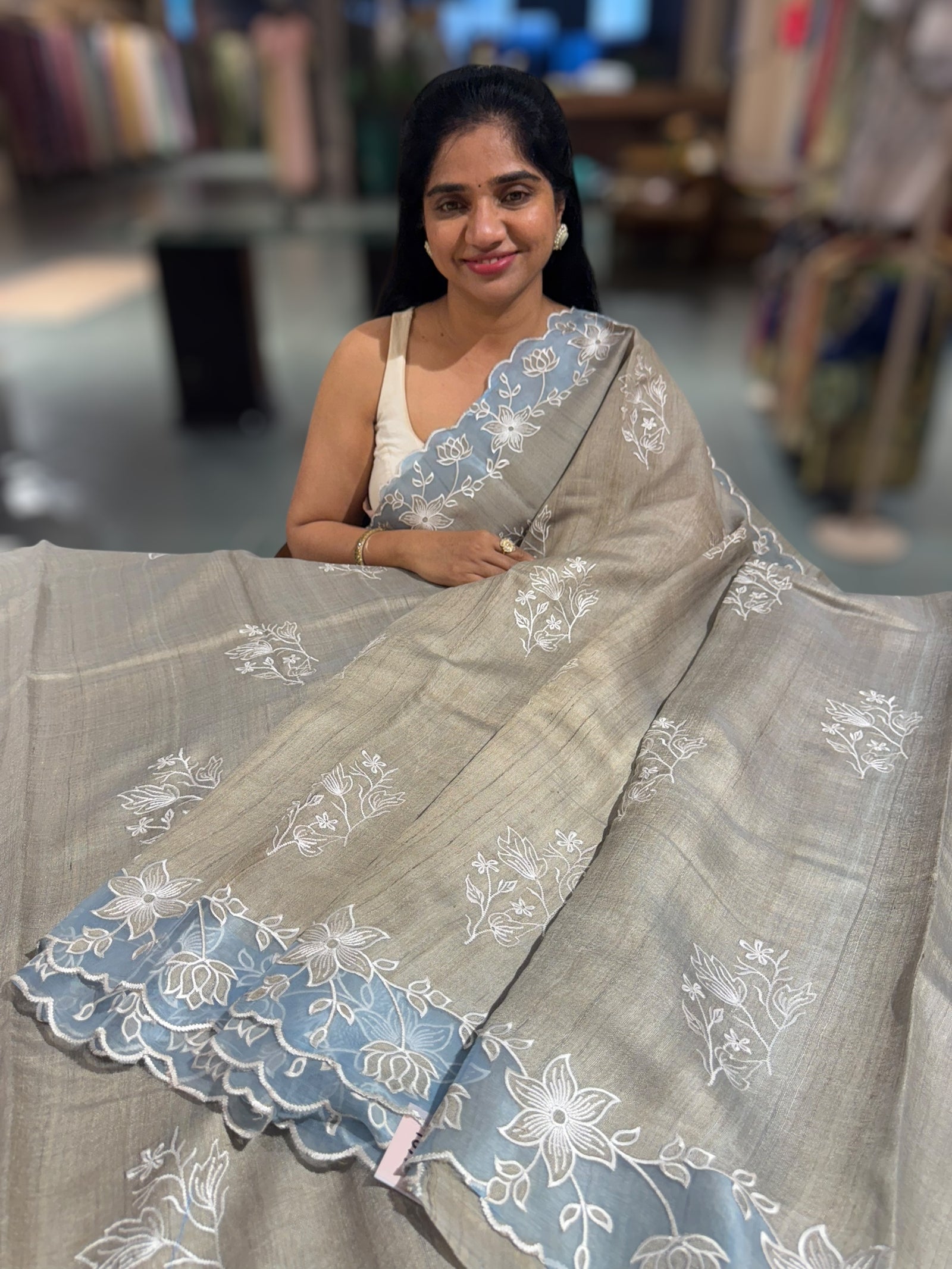 Chickoo Pure Handloom Tussar Saree with embroidery