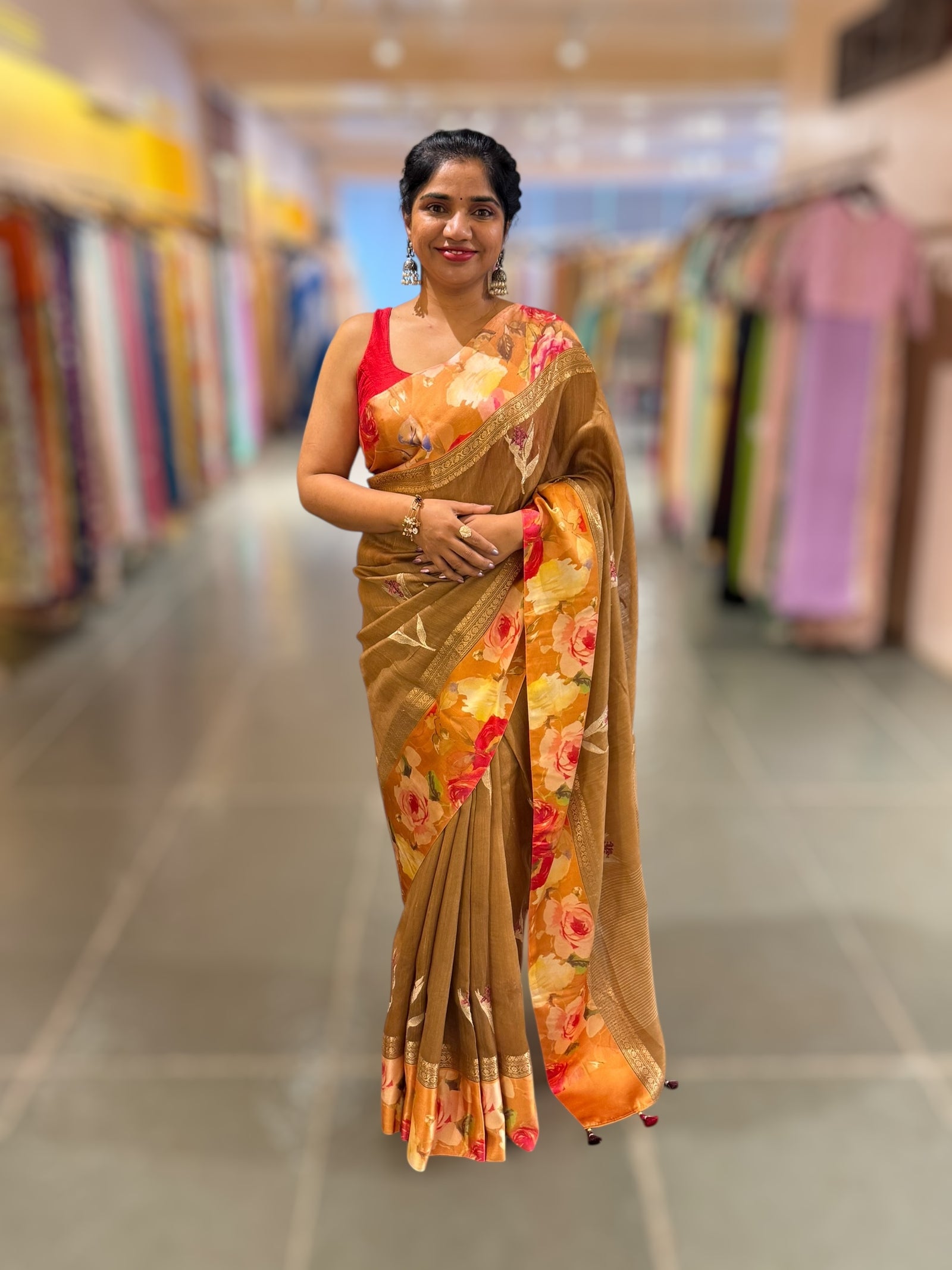 Light Brown Tussar Dhupion Saree with Floral printed mashru borders