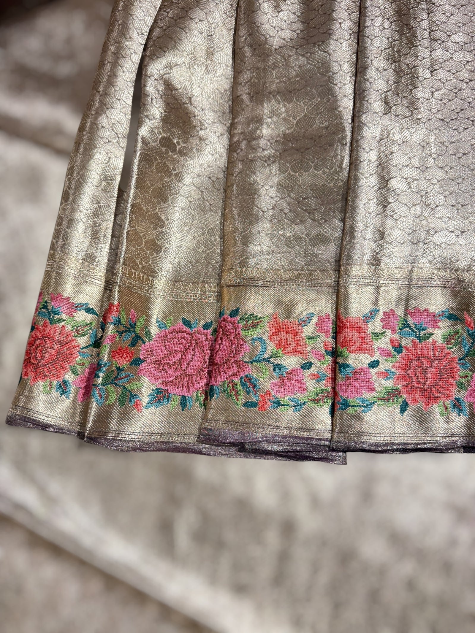 Purple Base Banarasi Tissue Brocade Saree with Petite Point Embroidered Border