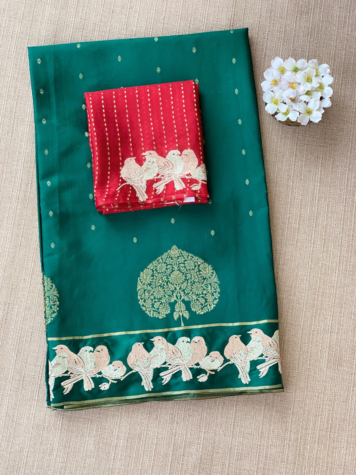 Bottle Green Mysore silk saree with woven motif and embroidered border : D62130