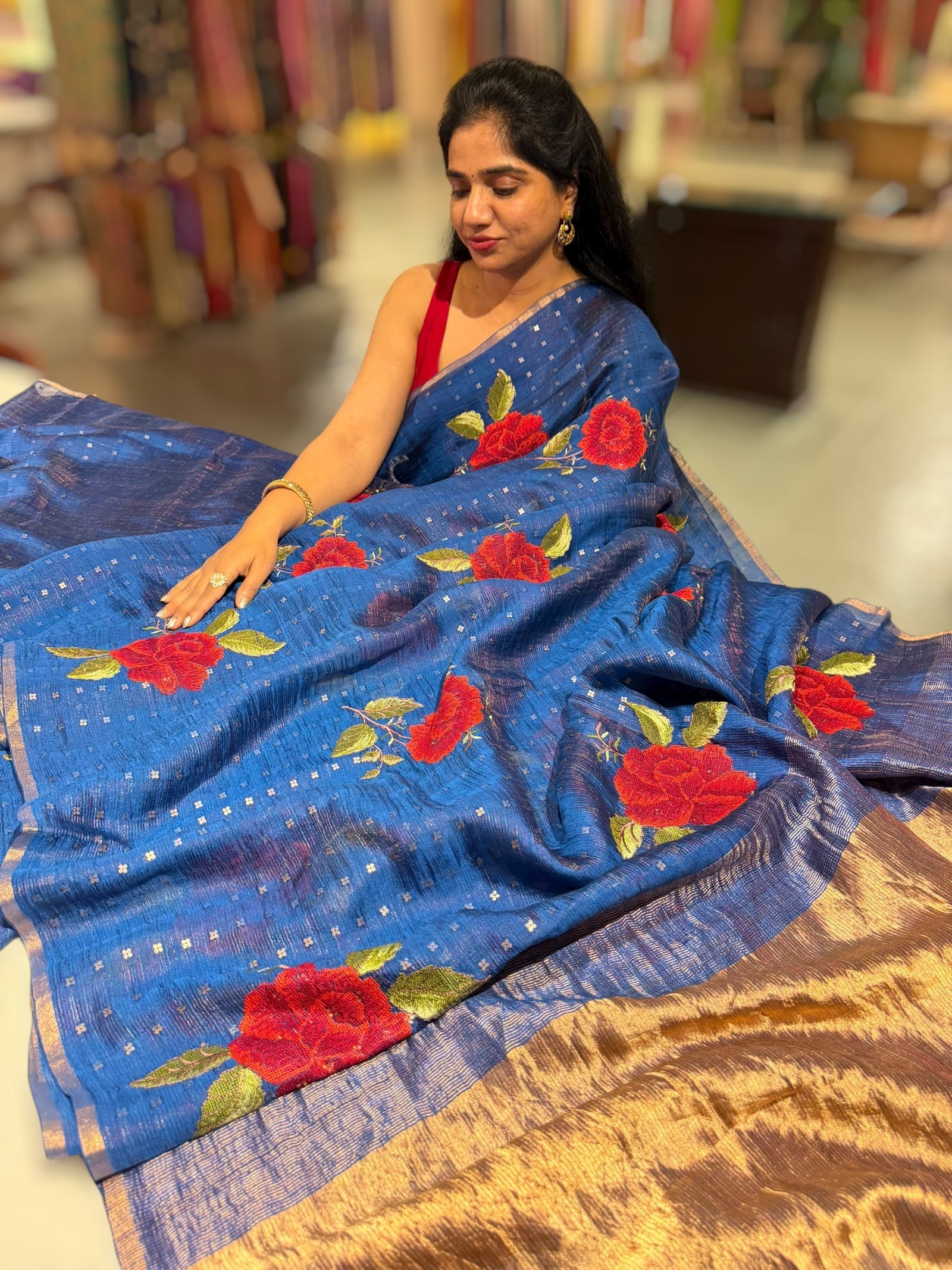 Tussar Kota Saree with embedded sequnce and hibuscus flower embroidery