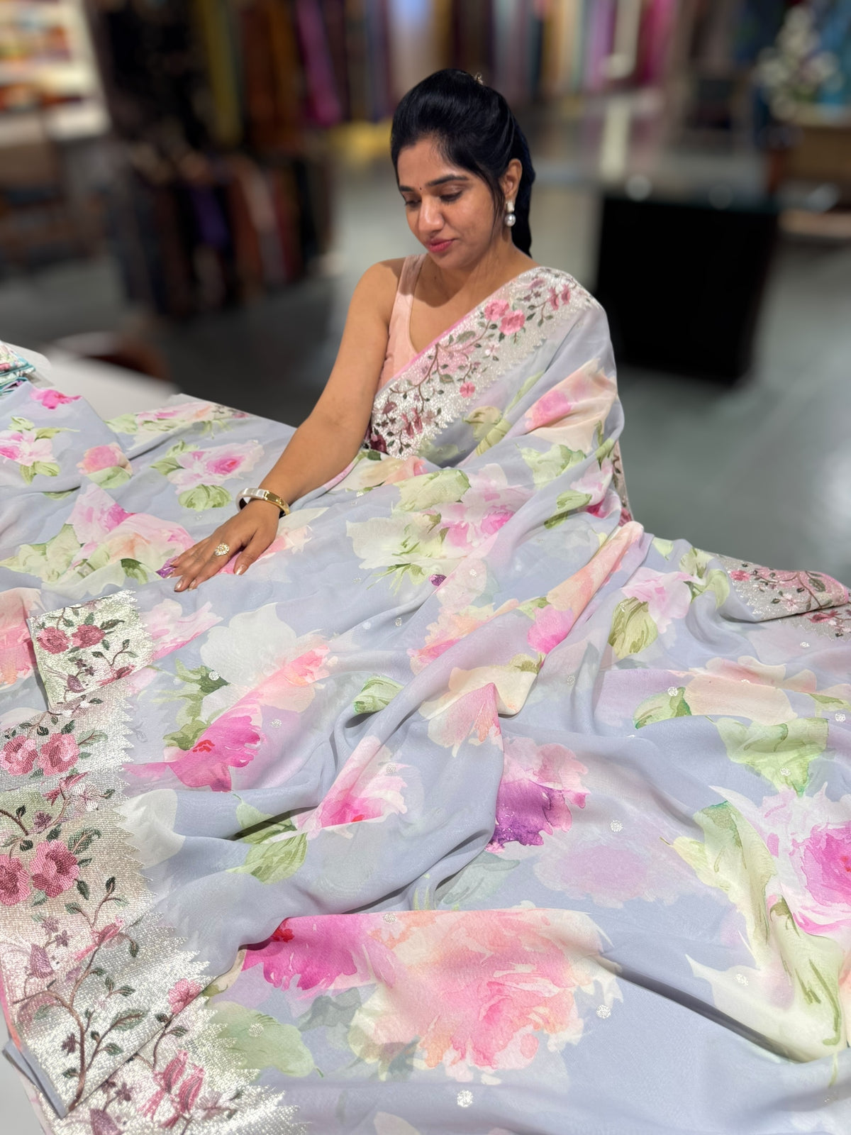 Lilac Printed georgette Saree With Tissue Embroidered Border