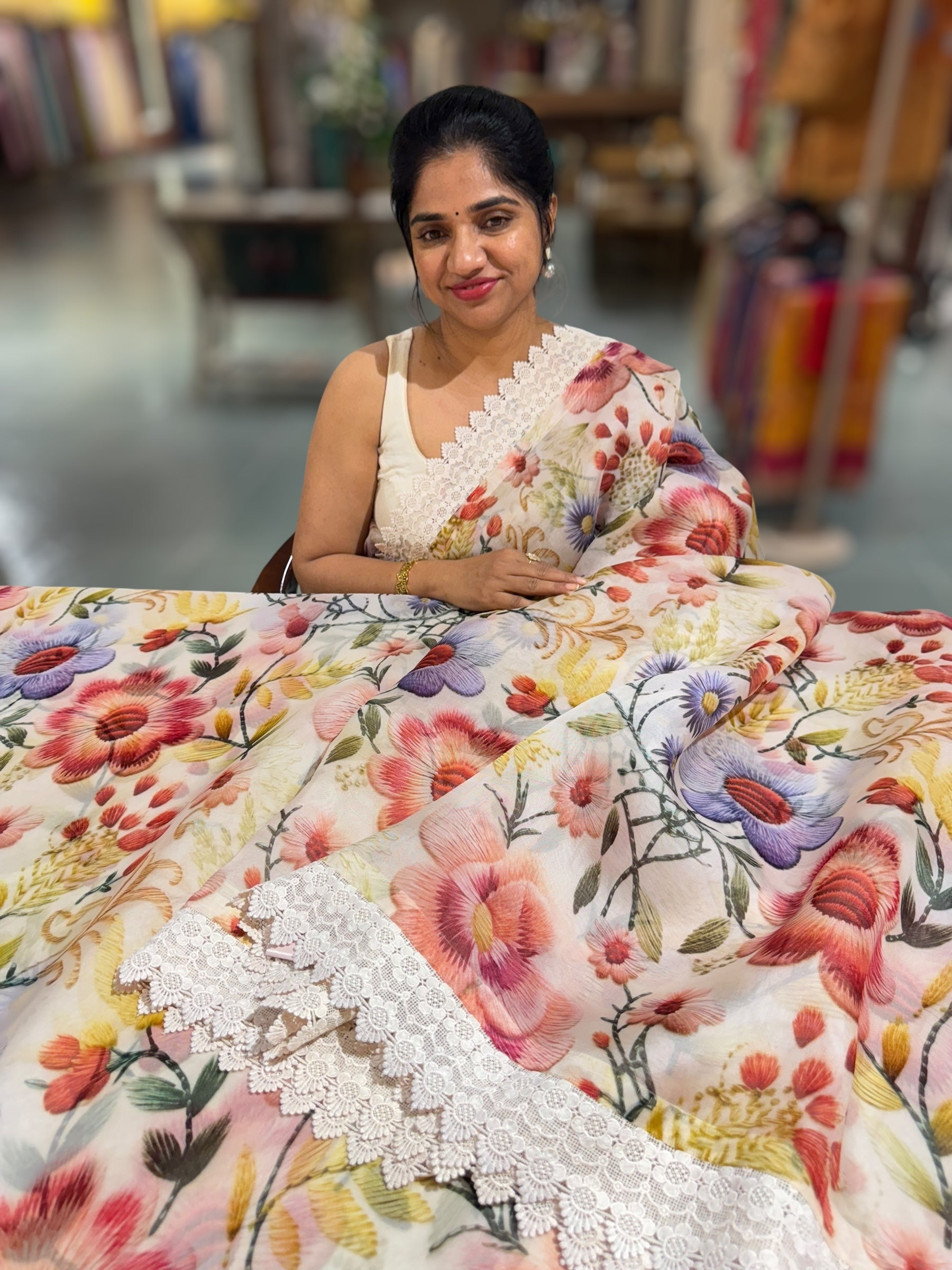 Ivory Organza 3D floral Printed Saree hemlined with crotia lace