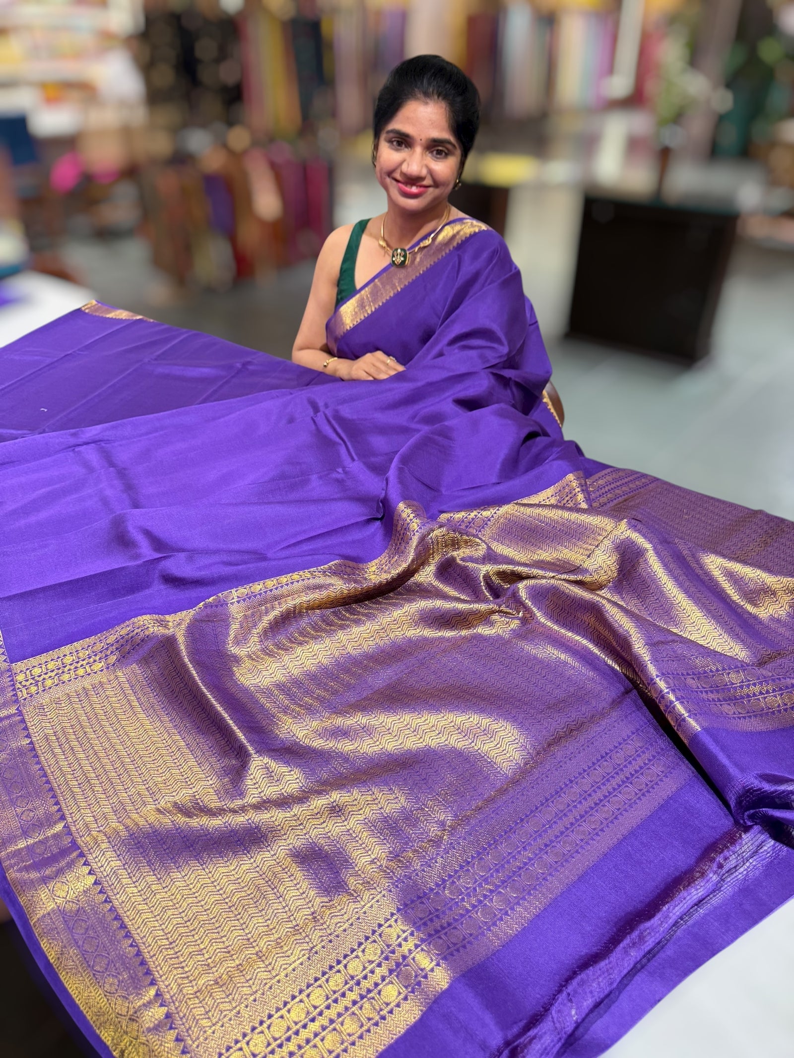 Brinjal vintage Kanchipuram silk saree with pen kalamkari blouse
