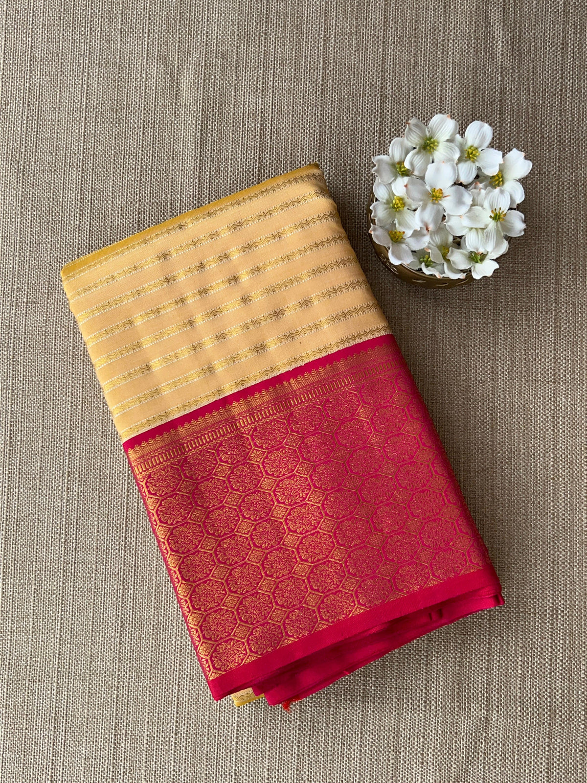 Beige  and Reddish Pink Combo kanchi  kuttu border saree with horizontal stripes
