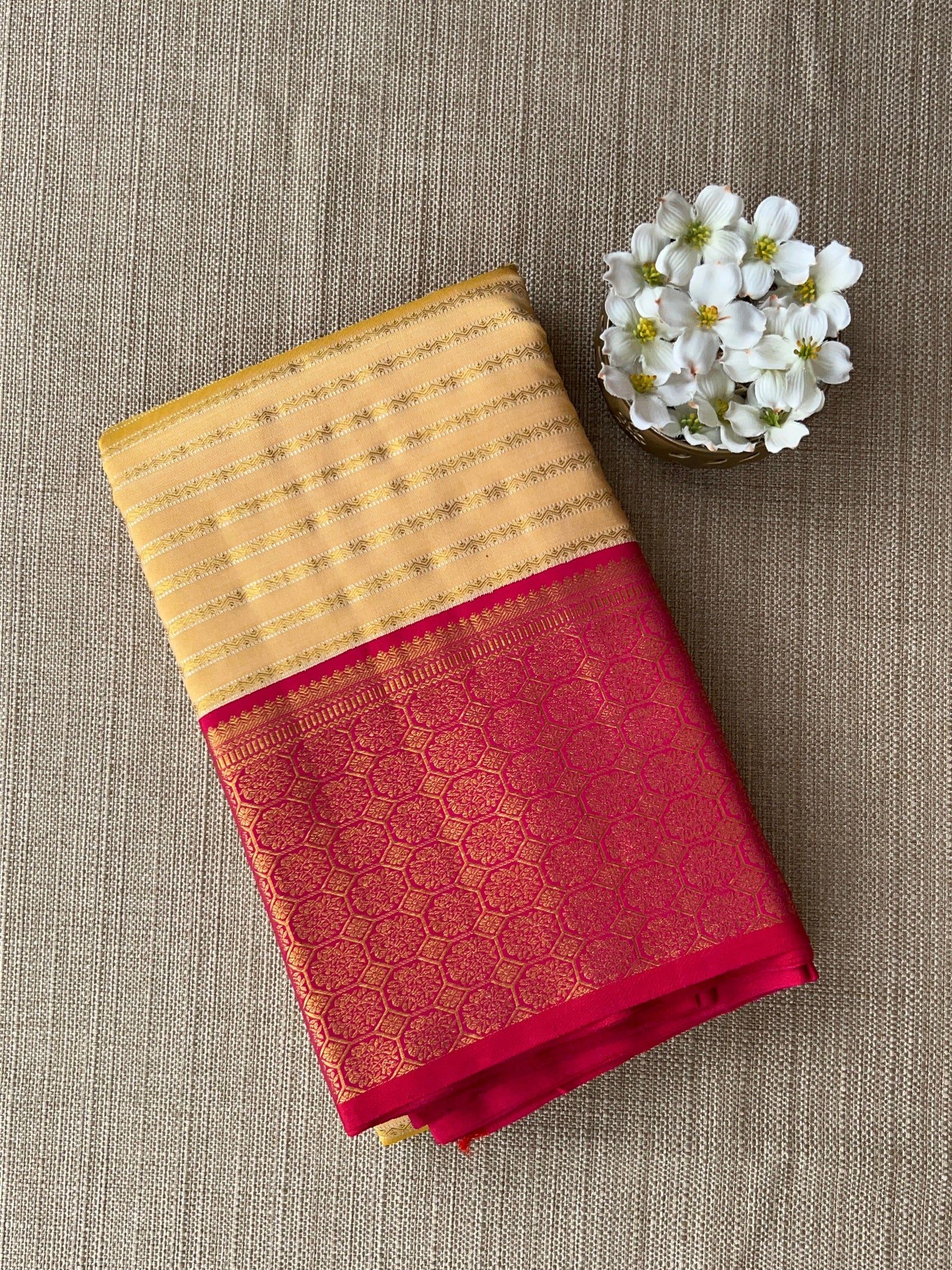 Beige  and Reddish Pink Combo kanchi  kuttu border saree with horizontal stripes