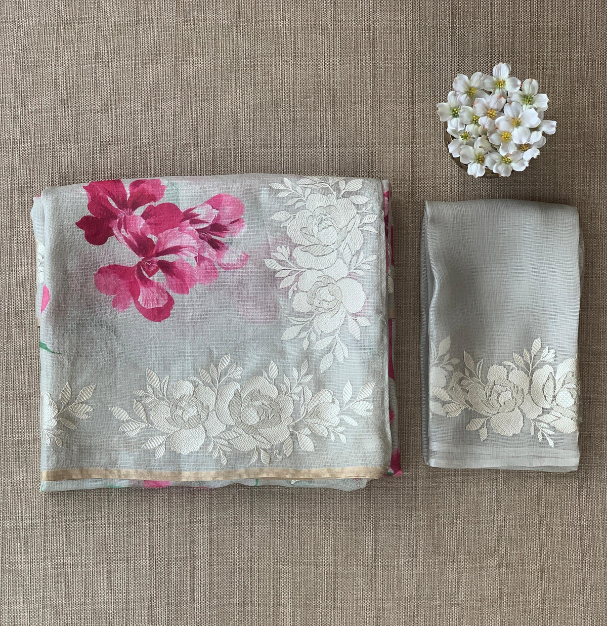 Dusty Grey Designer printed Silk kota saree with floral embroidered border