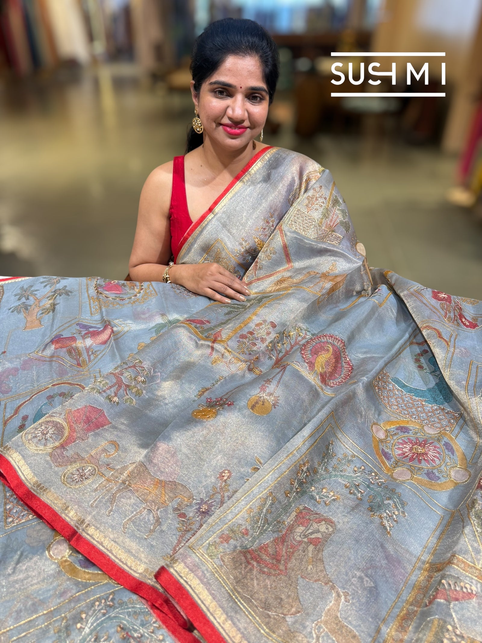 Dusty Blue Banarasi printed Tissue saree with handwork D62F059