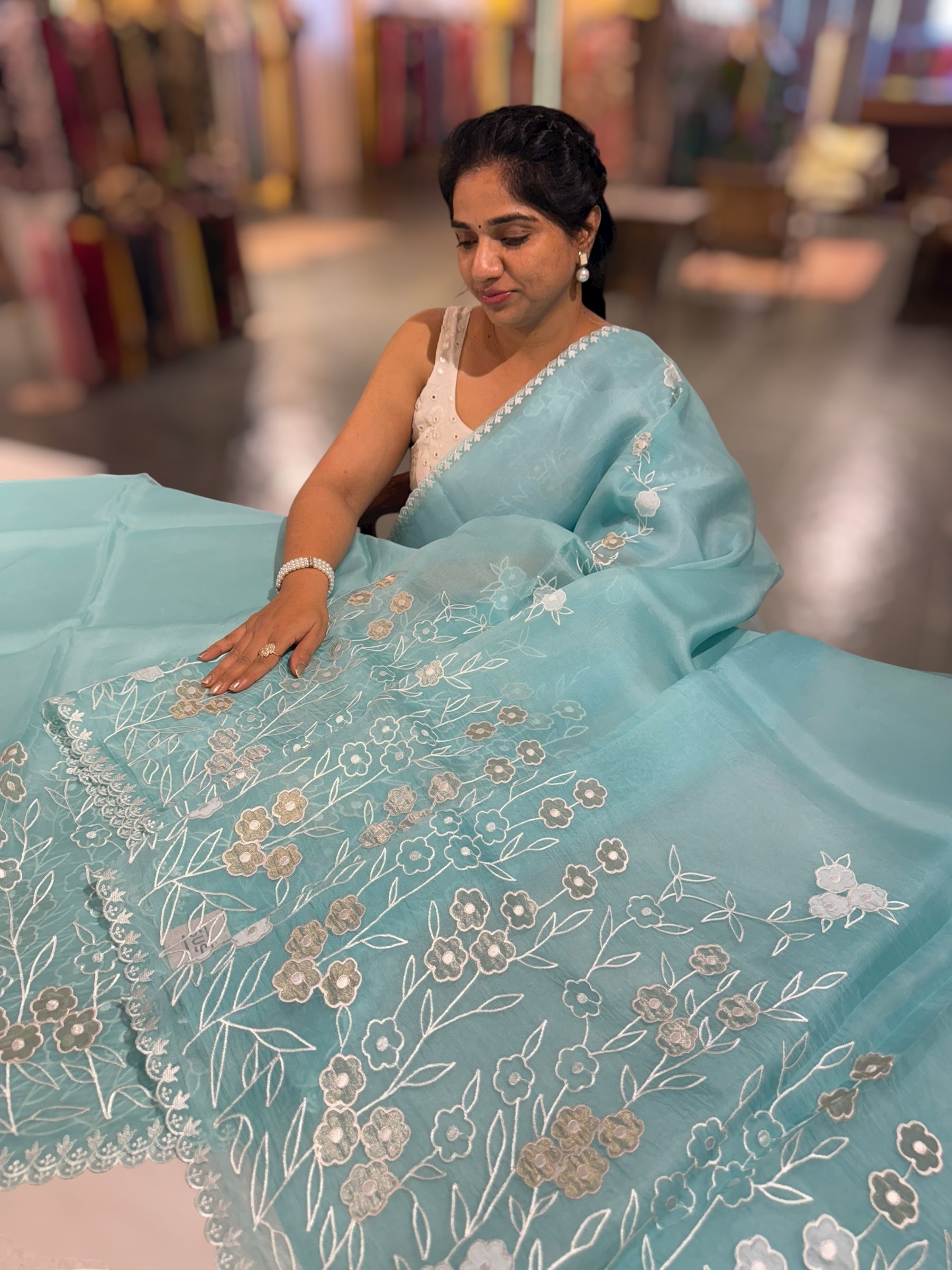 Seablue Organza Saree With Tissue Applique Work