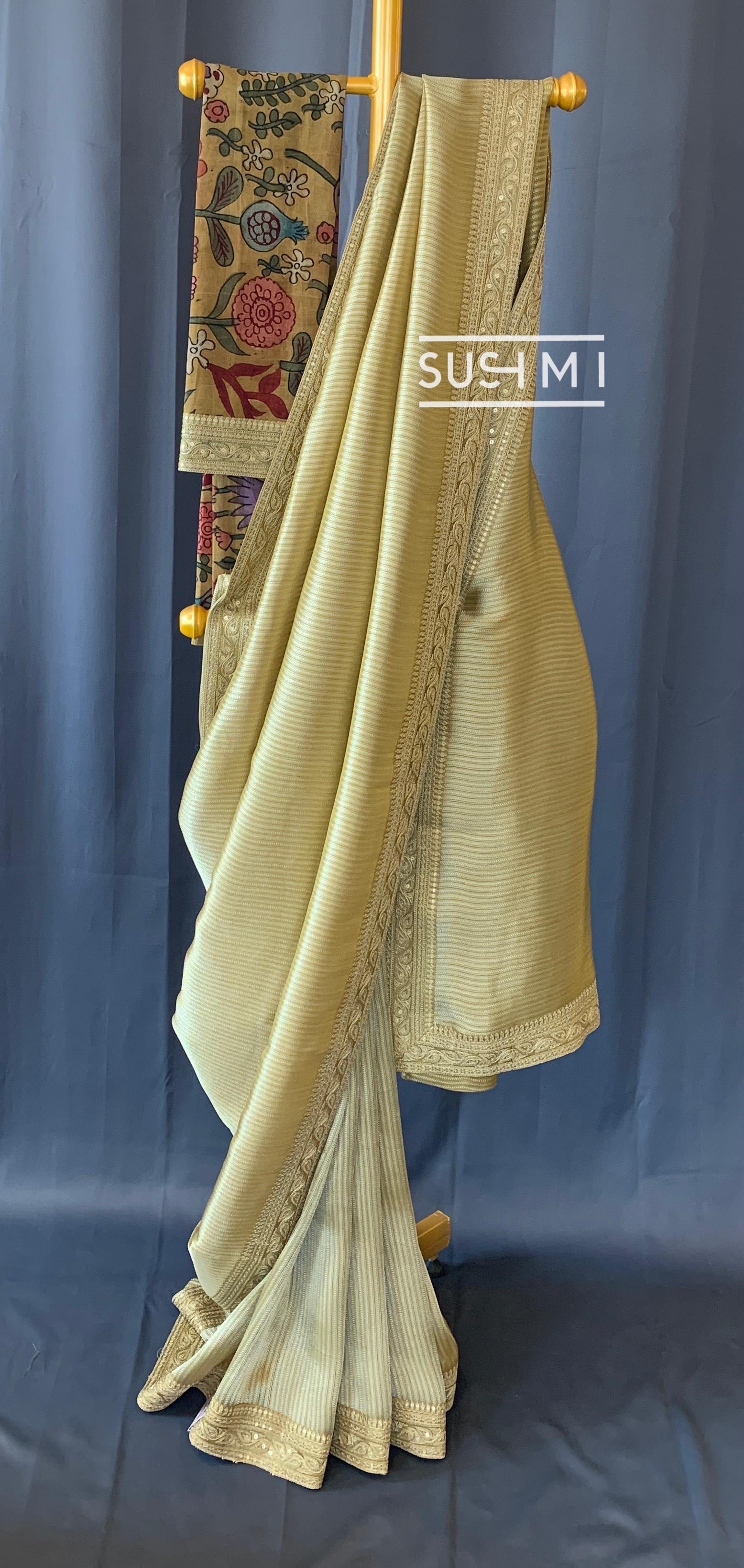 Light Mustard Banarasi tonchoi with pen kalamkari Blouse : D62F023