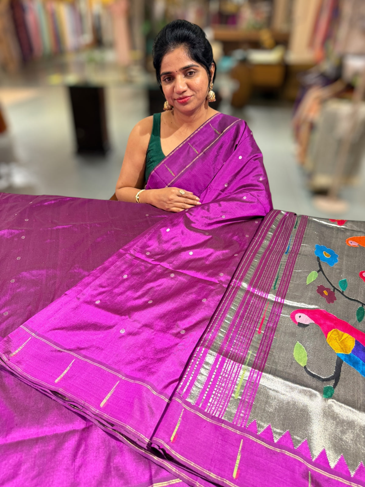 Purple Pure handloom paithani silk saree with single muniya border