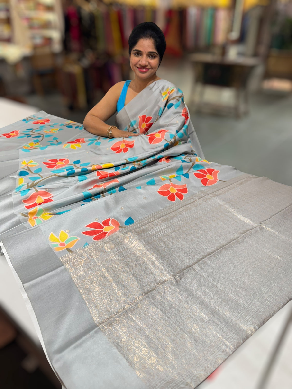 Light Grey Kanchi Soft Silk Saree with ajamdani inspired print