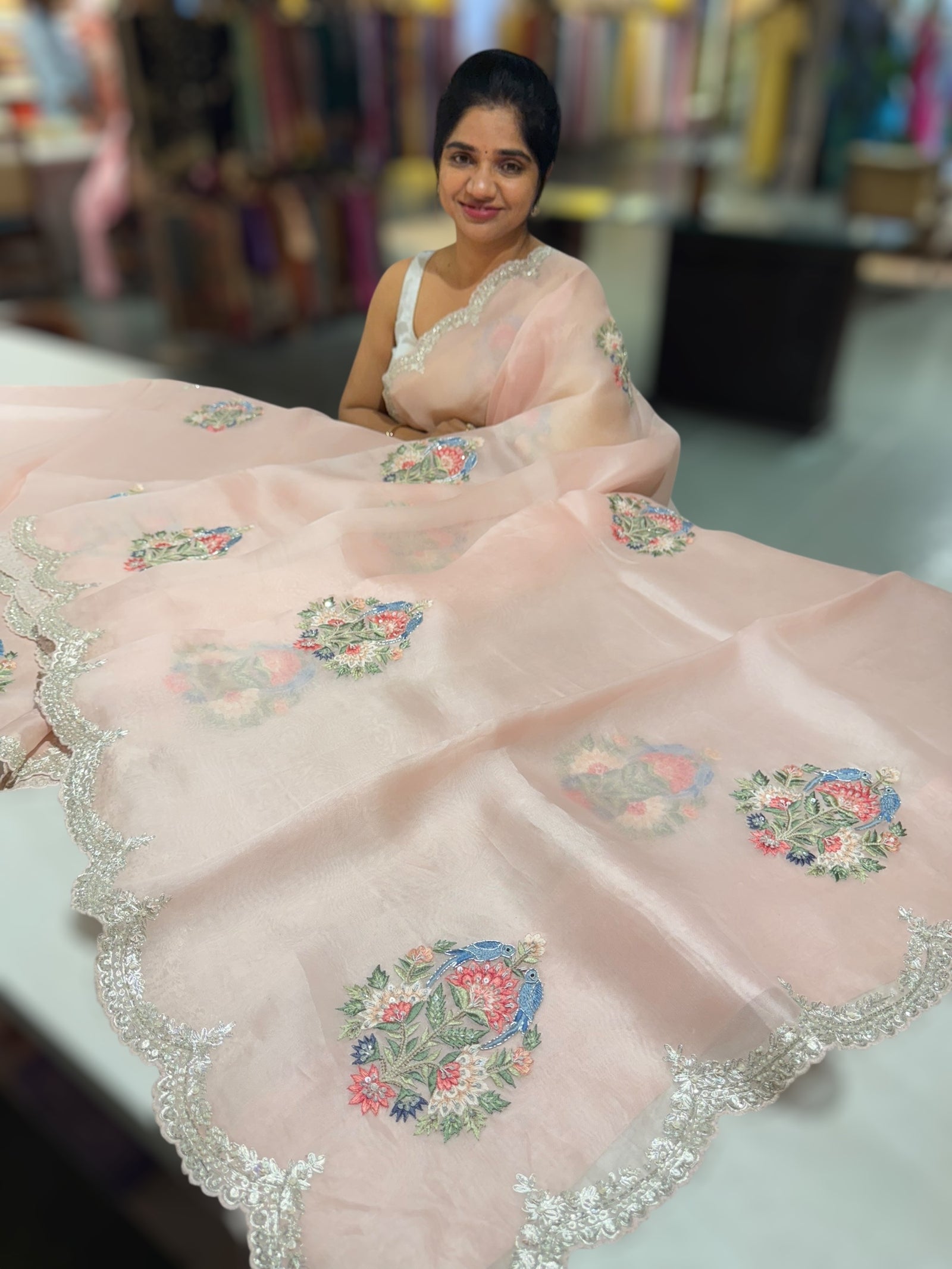 Pastel Pink pure Organza handwork saree
