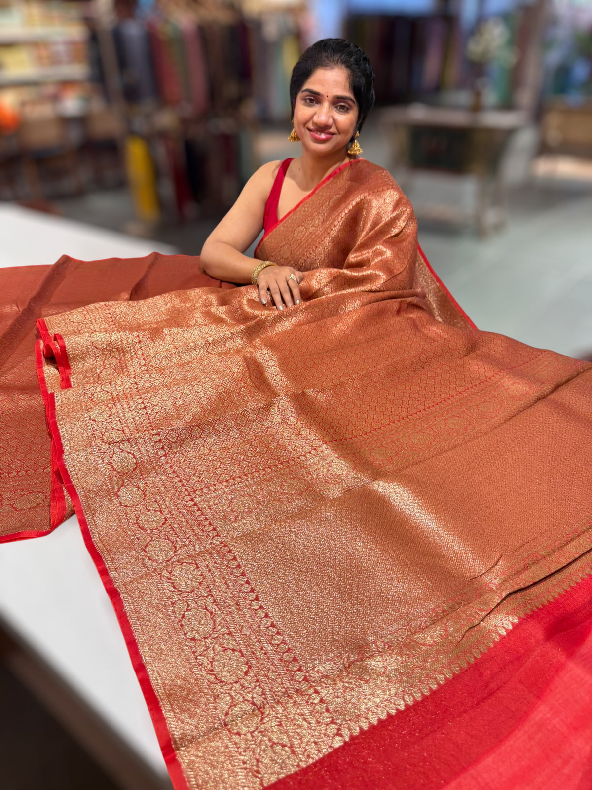 Dark Red Kora Brocade Tonchui weaving Saree