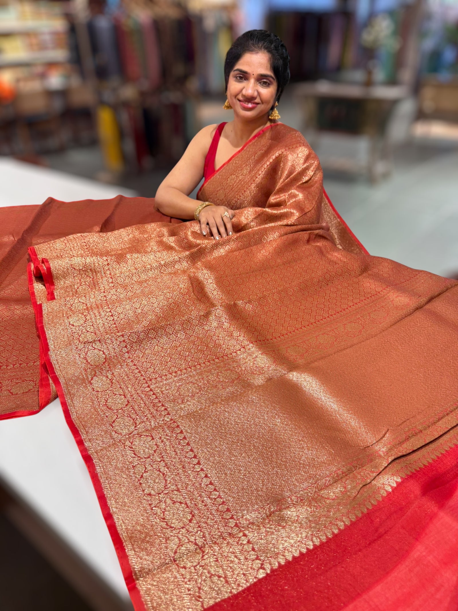 Dark Red Kora Brocade Tonchui weaving Saree