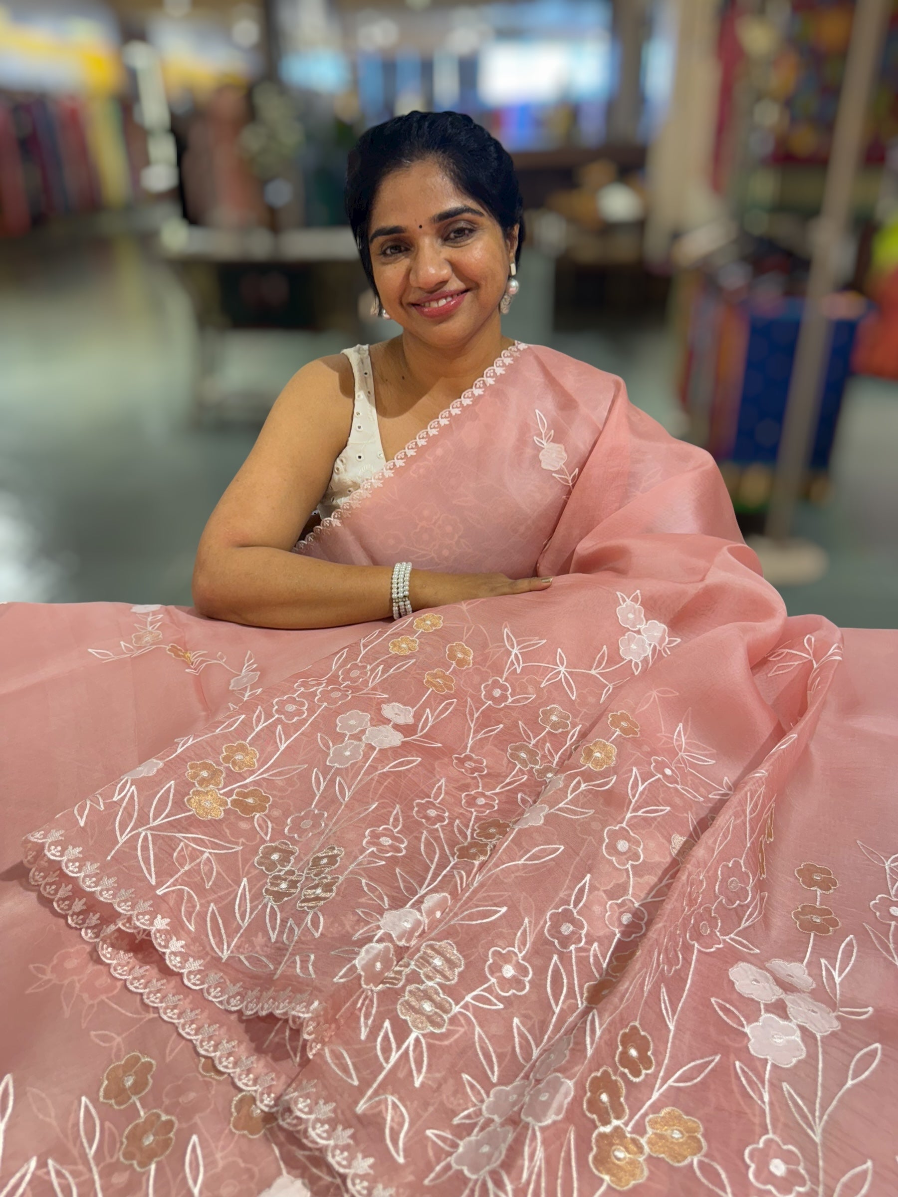 Peach Pink Organza Saree With Tissue Applique Work