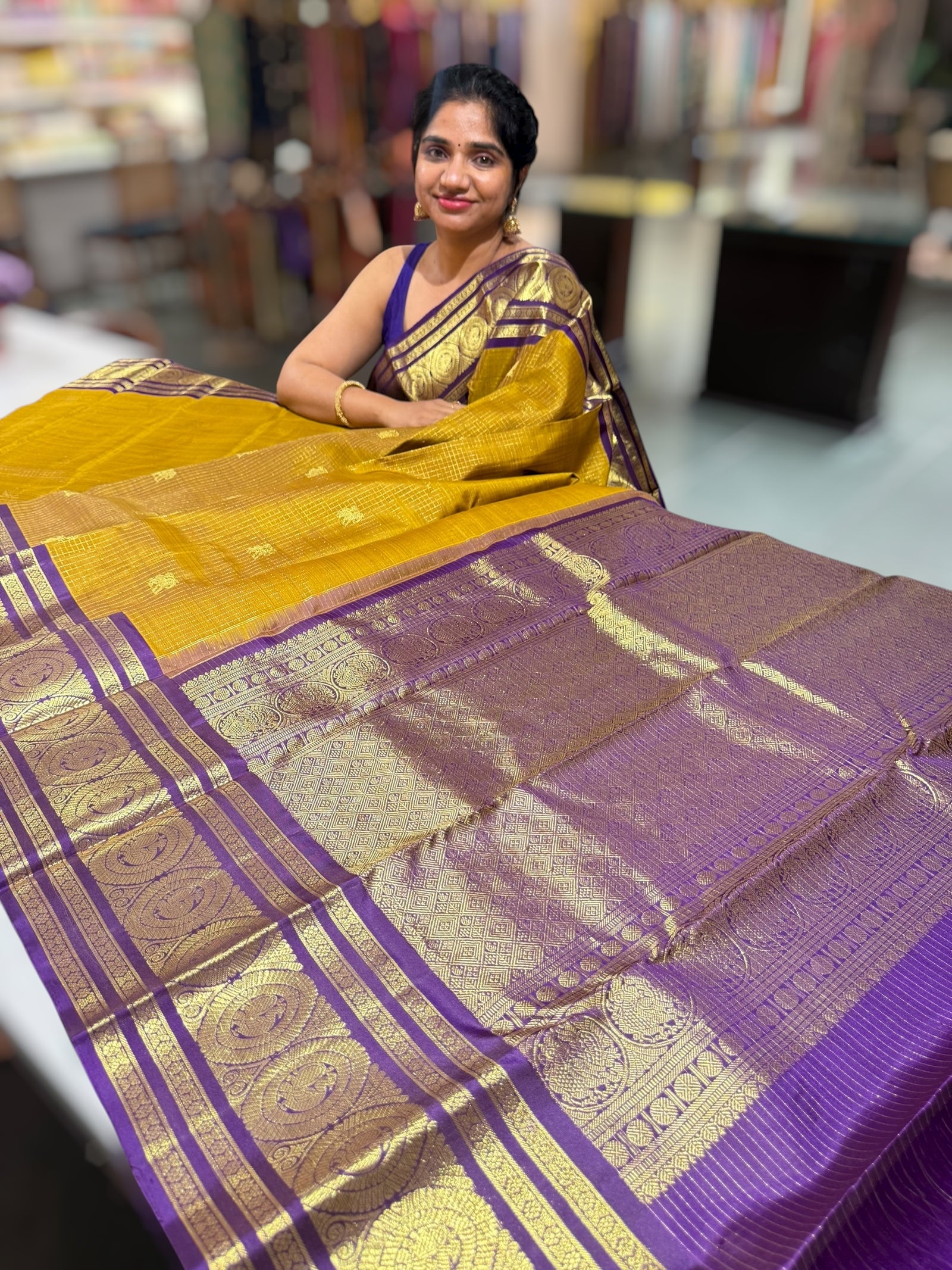 Mustard olive & Brinjal Combo Kanchipuram Vintage checks Saree