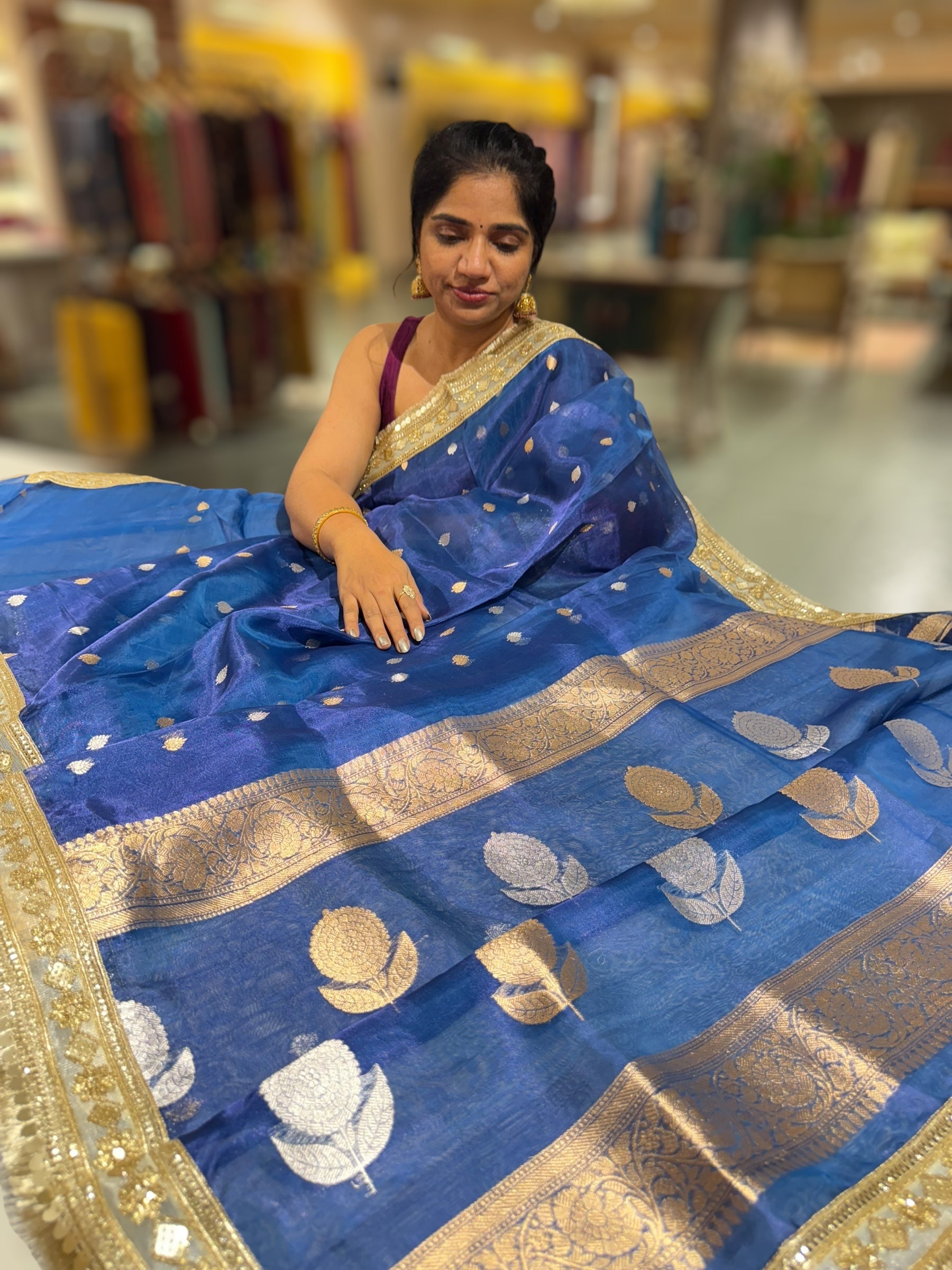 Peacock Blue Pure handloom Banarasi Tissue saree