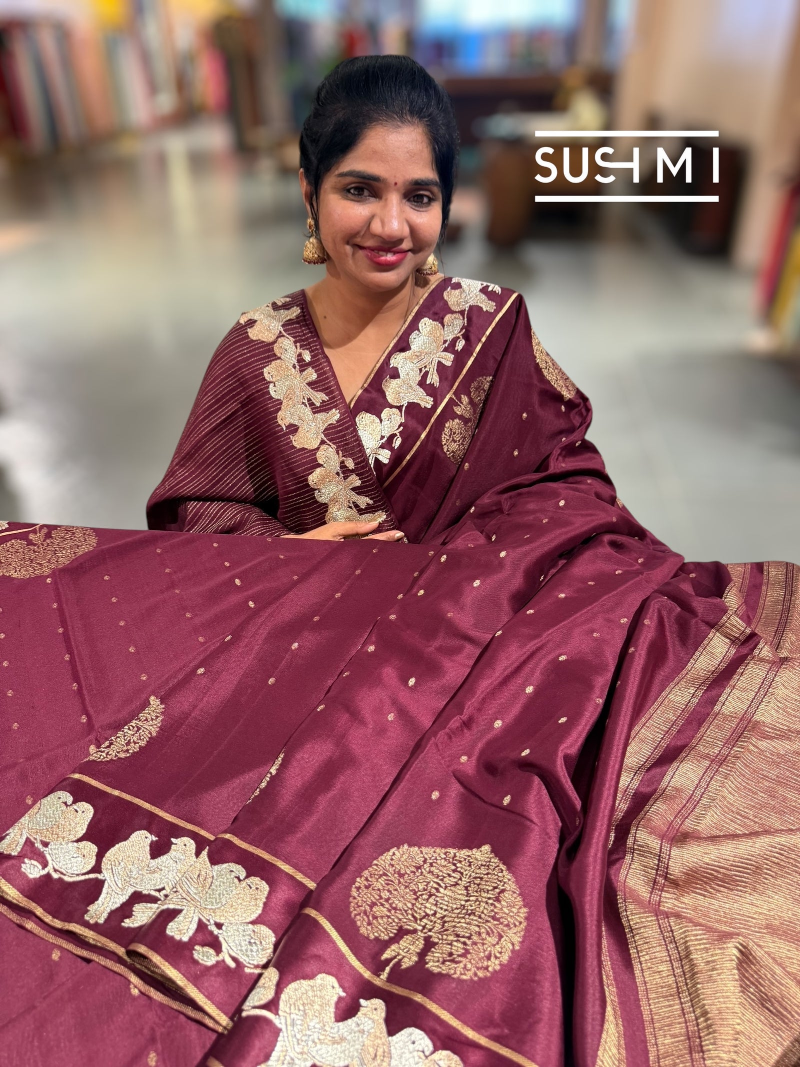 Winish Brown Mysore silk saree with woven motif and embroidered border : D62132