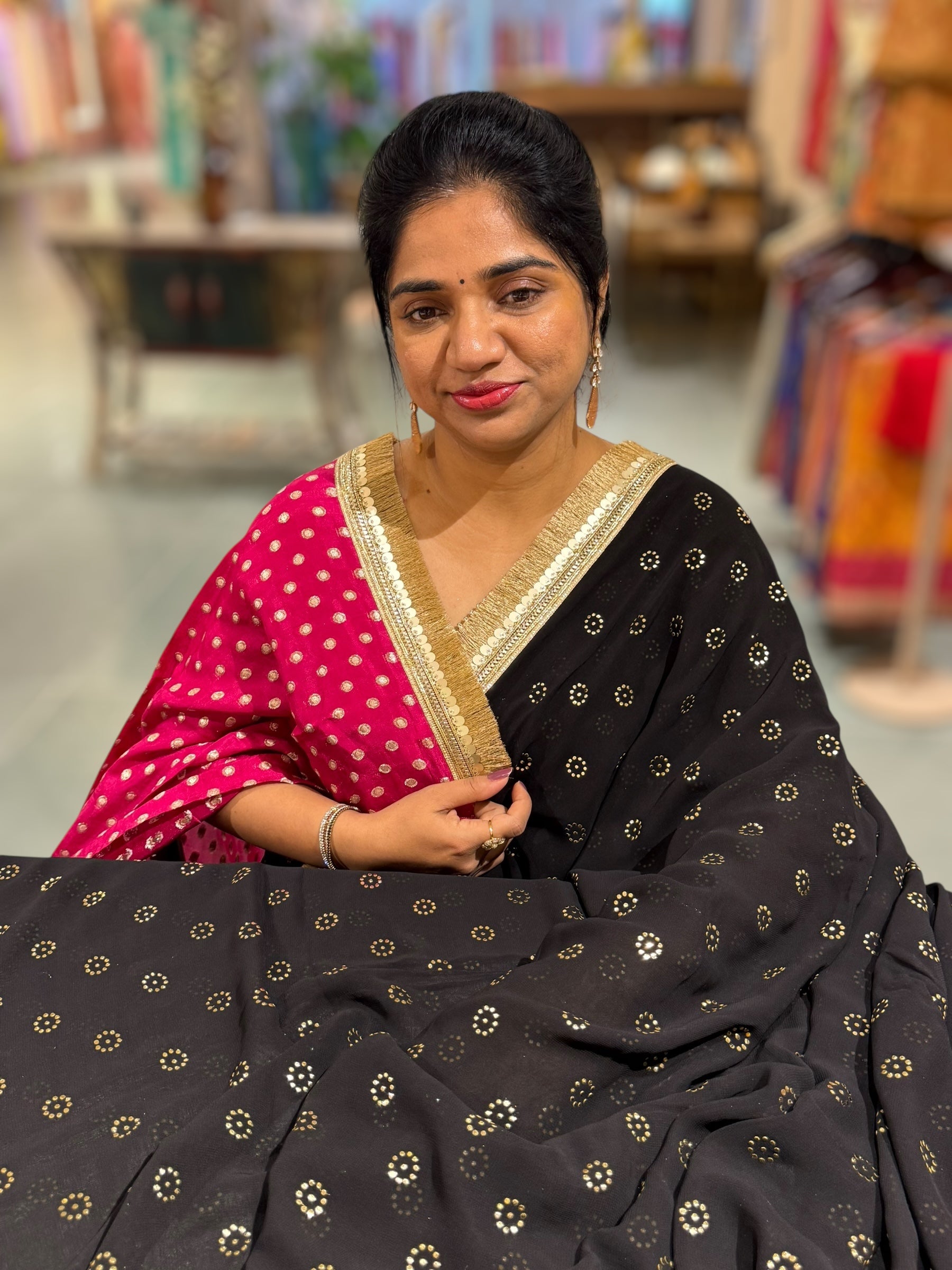 Black Georgette Saree with stick on Badla in flower pattern
