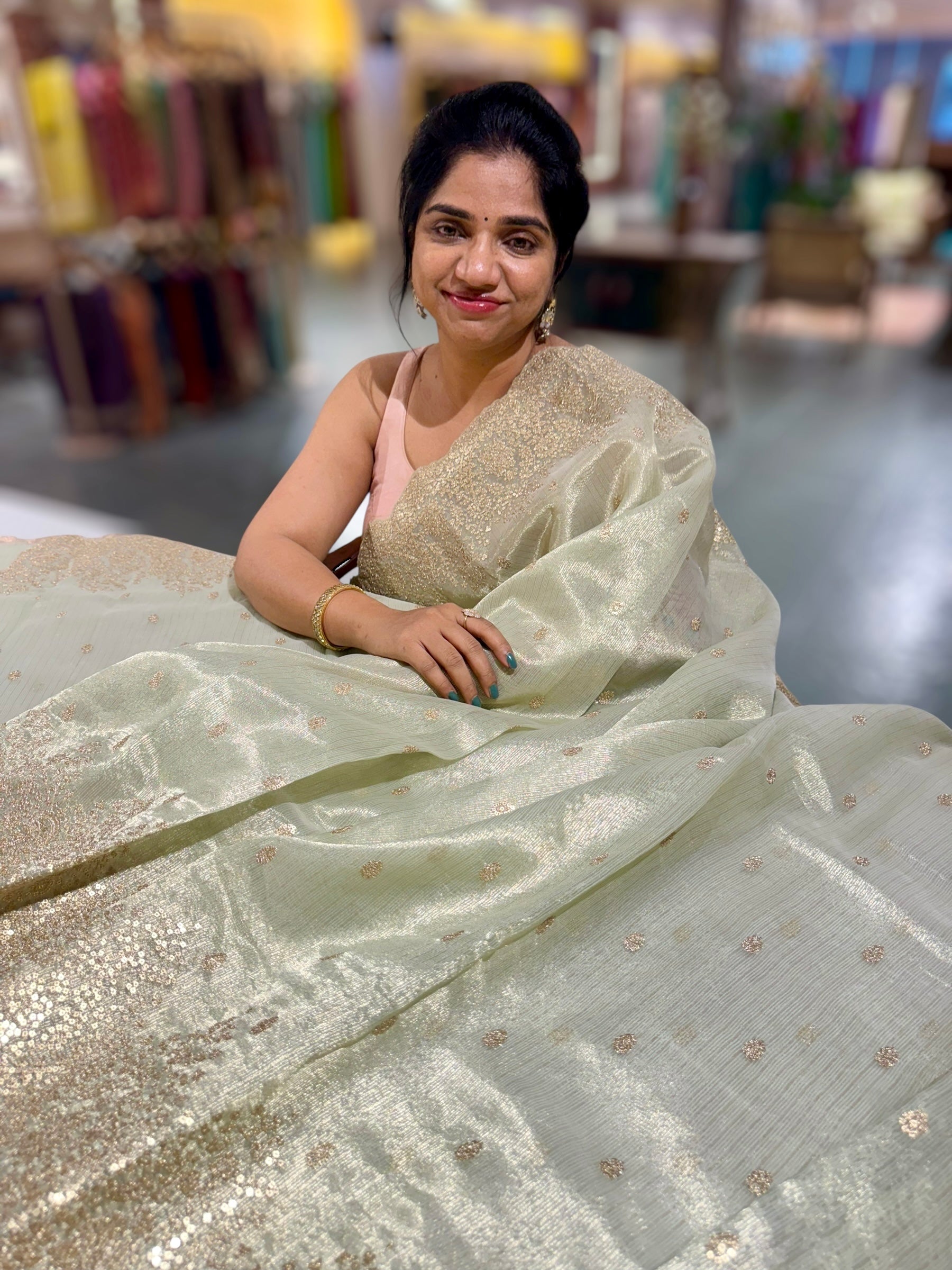 Mint Green Tissue Saree with Heavy Sequence Embroidered Scallop Border