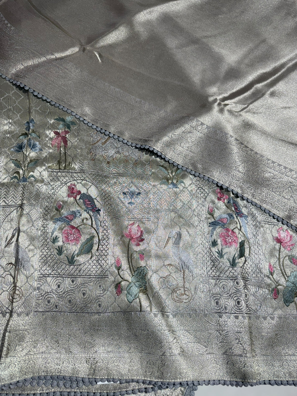 Silverish Grey Fancy Banarasi saree with embroidery