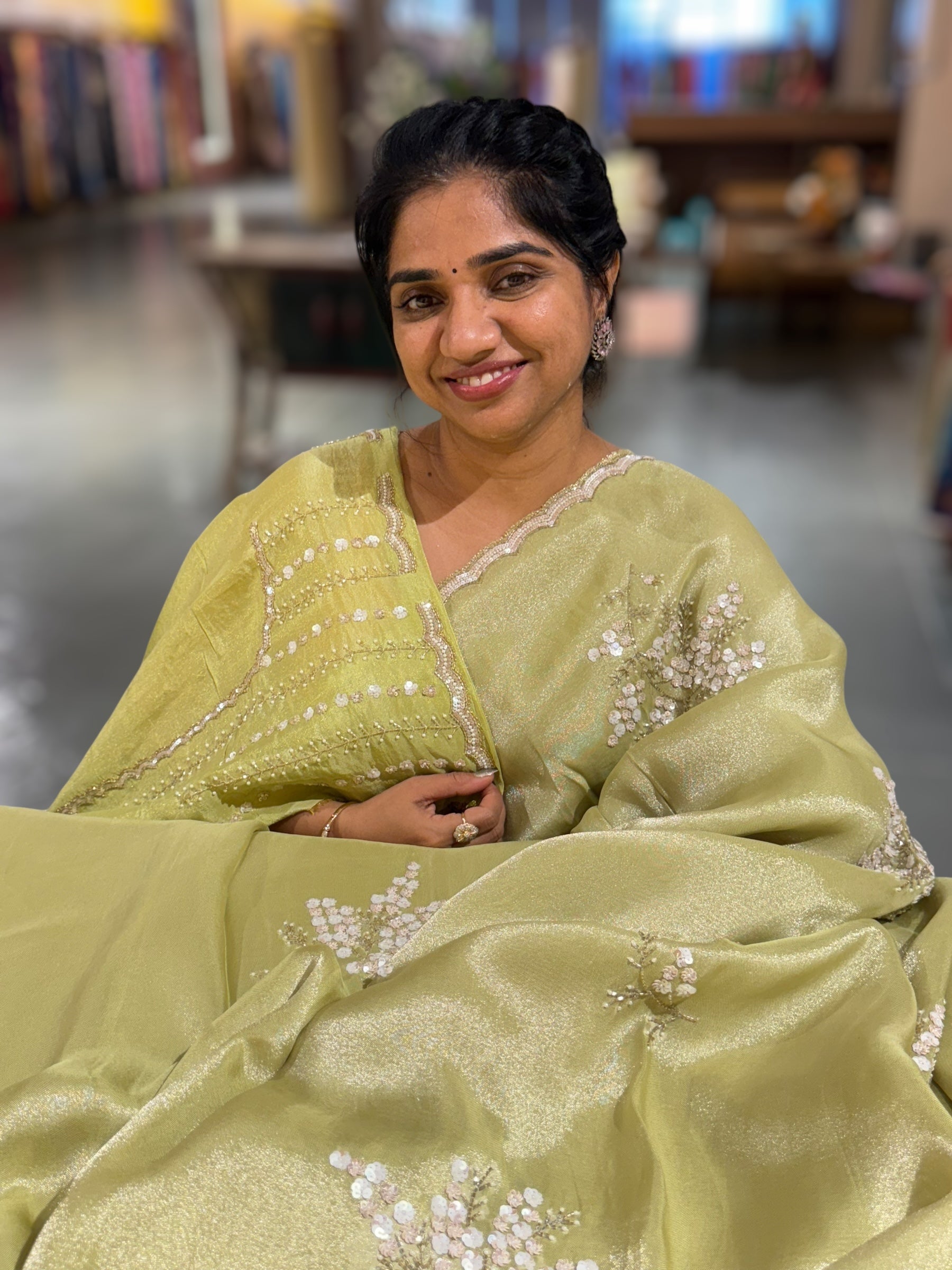 Tissue Gorgette Saree With Handwork Border and Blouse.