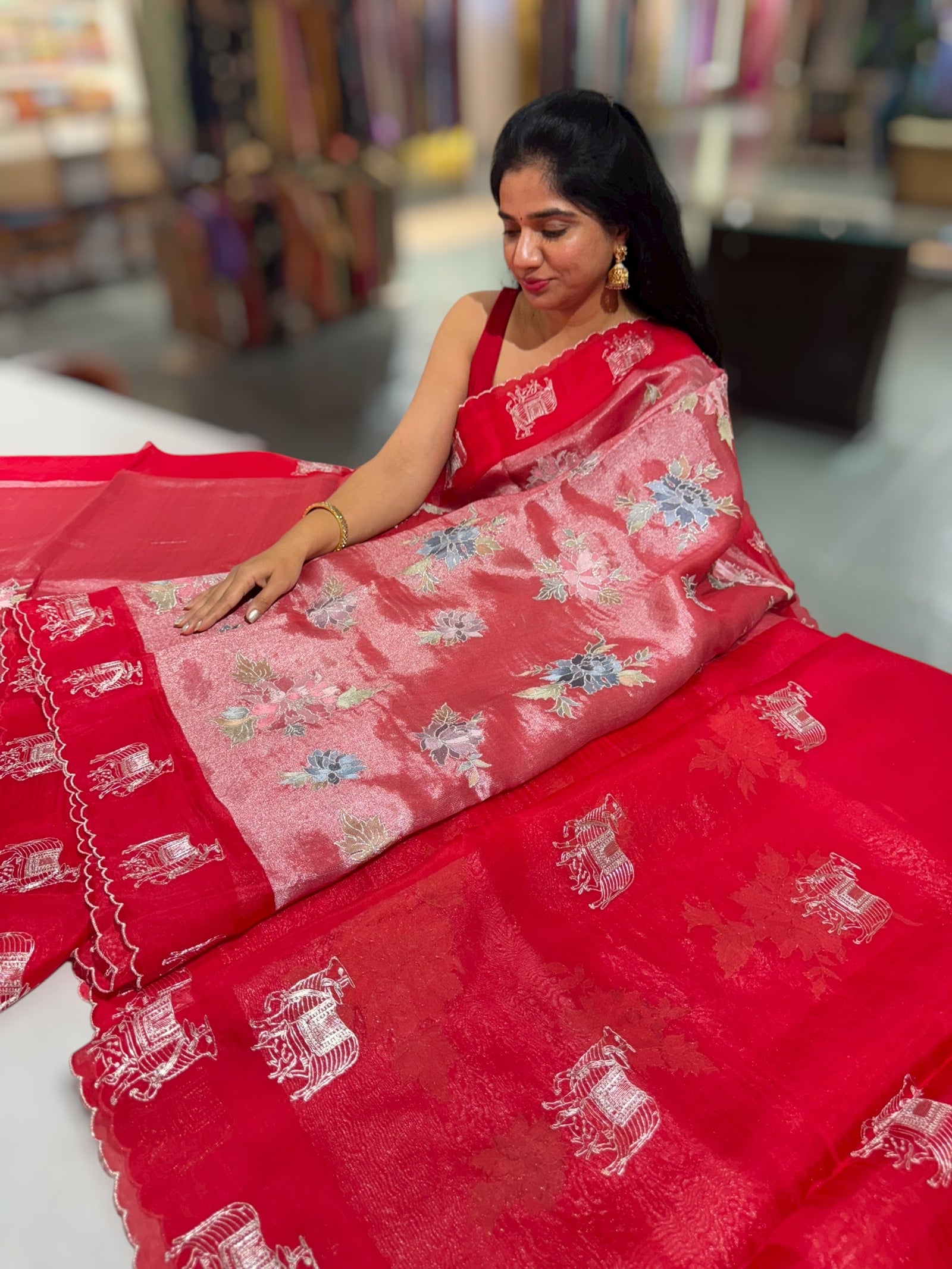 Red Premium Handloom Designer Tissue saree with exquisite embroidery