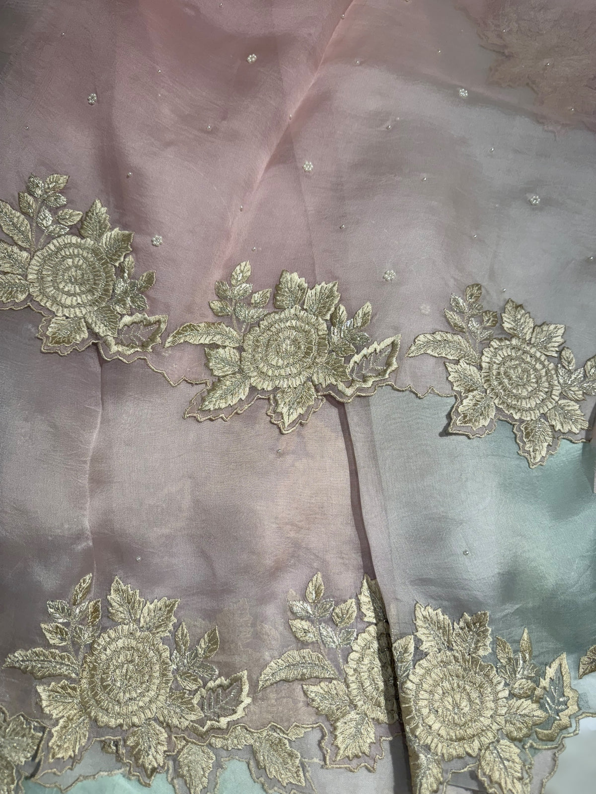 Ombre dyed Pure Organza Saree with parsi gara embroidery