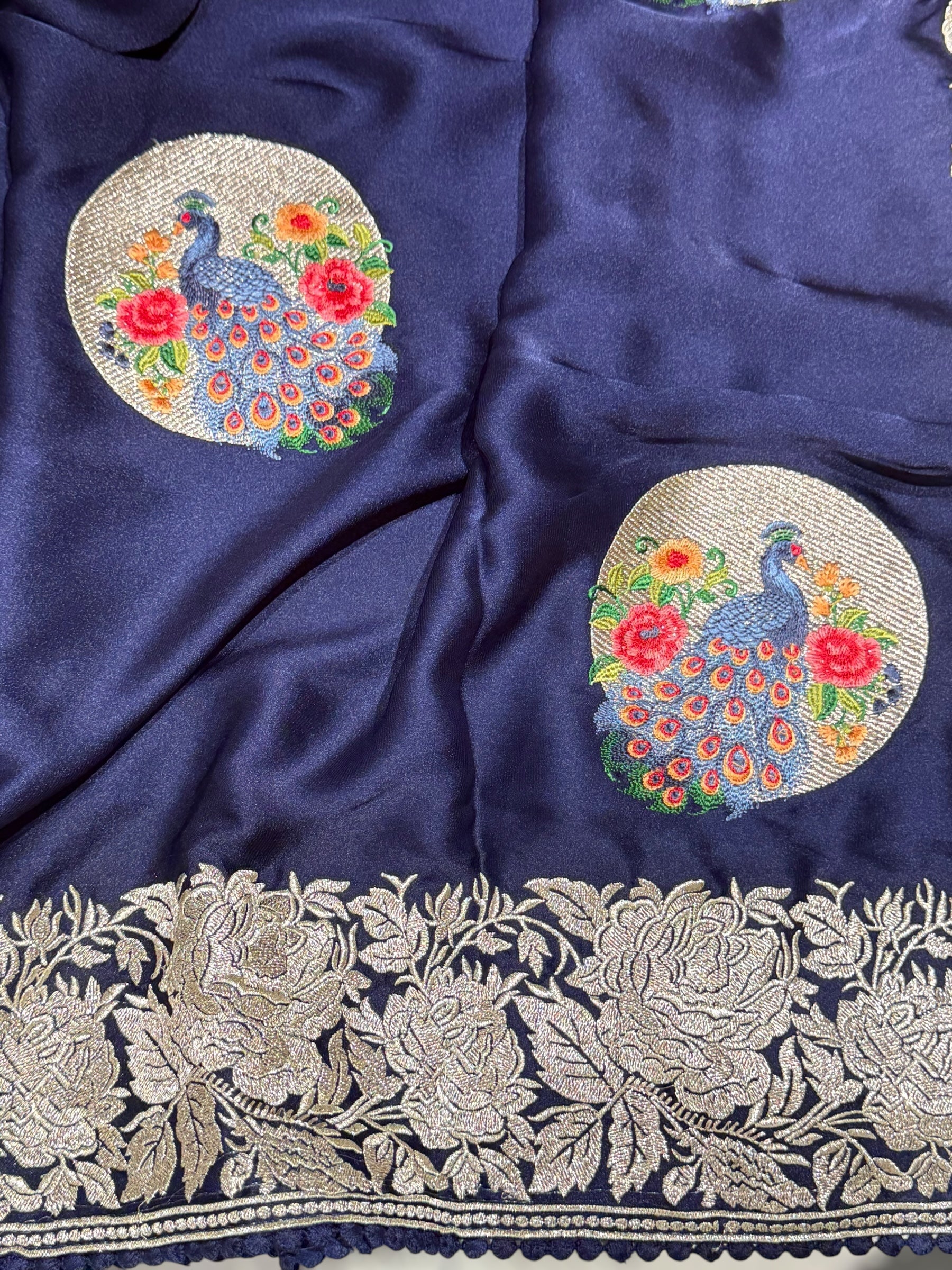 Midnight Blue Designer Satin Saree with stunning embroidered border & motifs