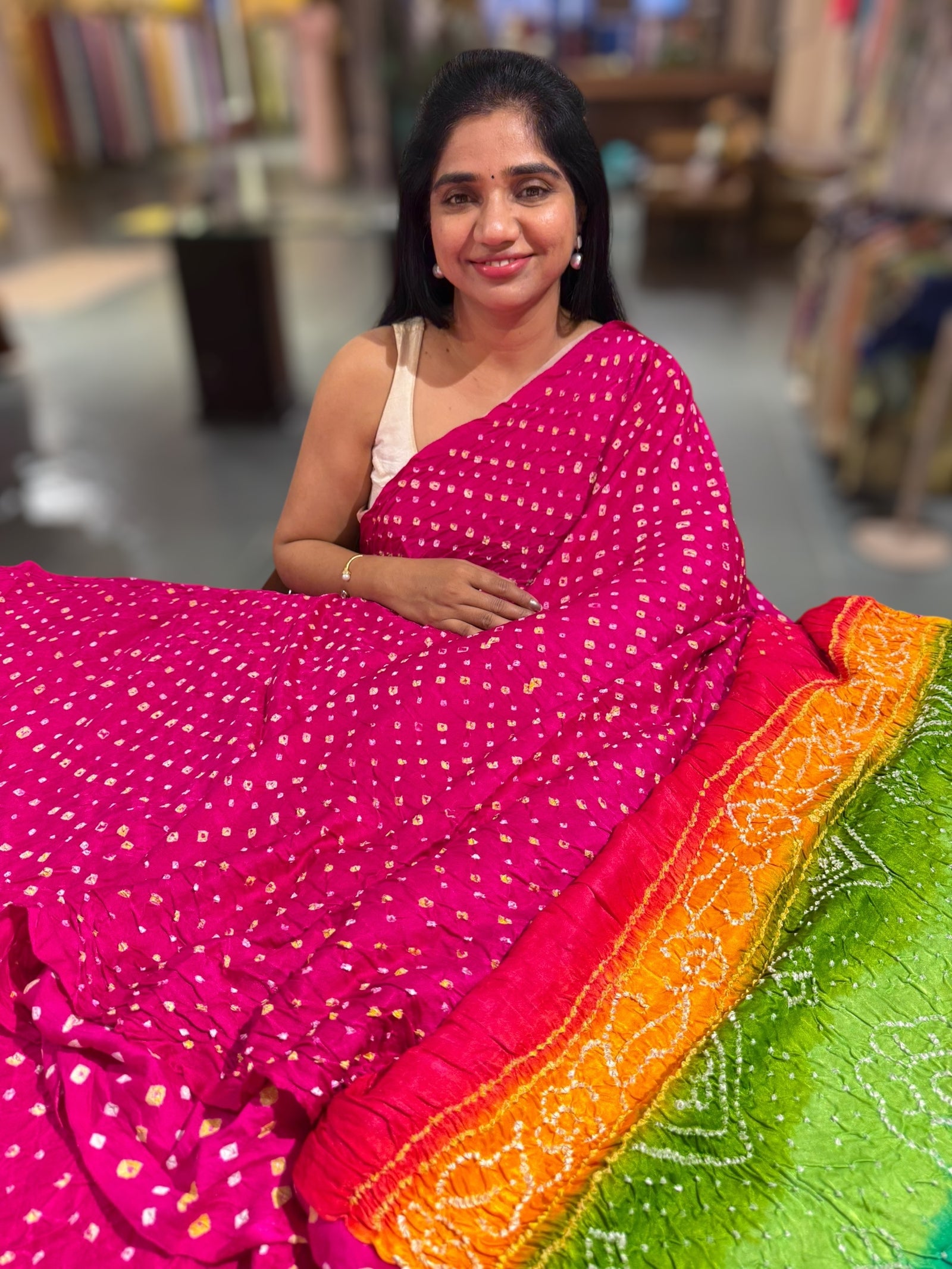 Pink Pure gajji silk saree with rainbow pallu