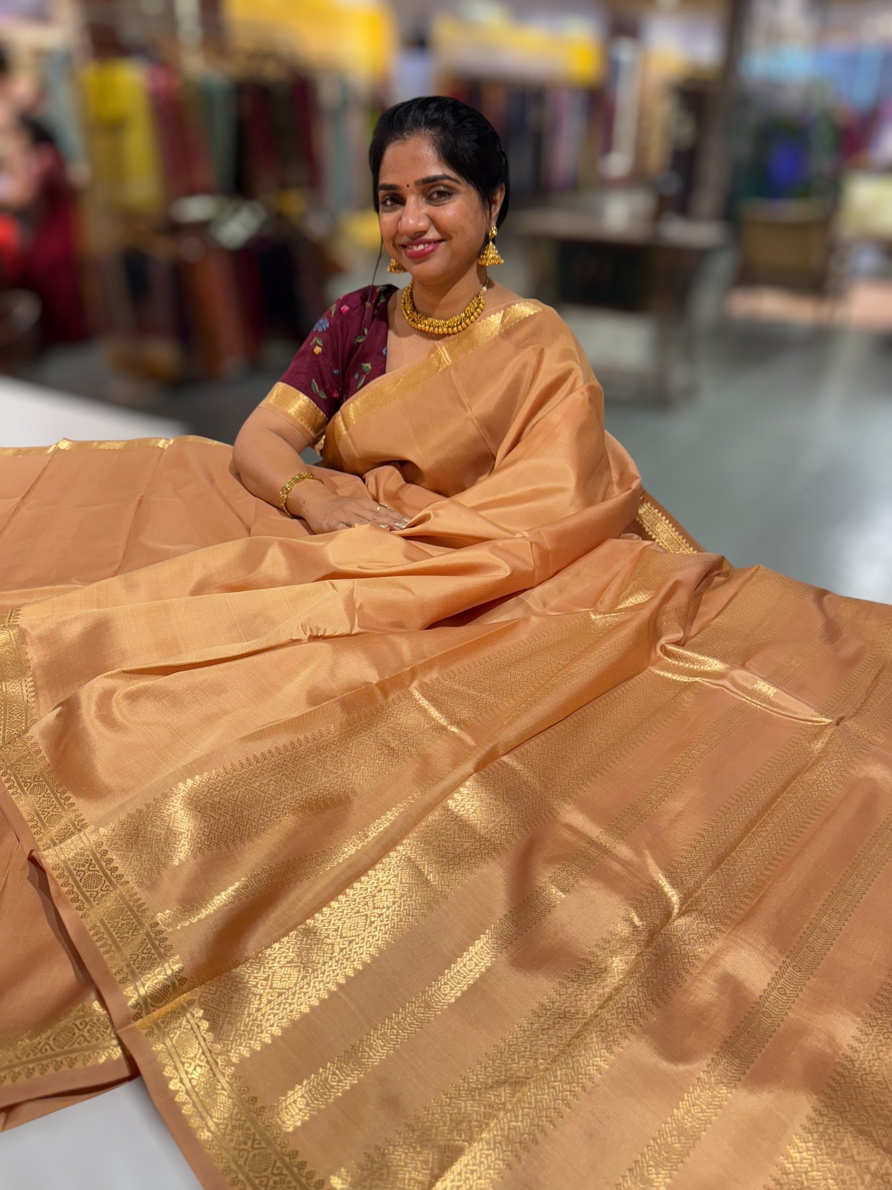 Beige Kanchi Vintage Saree with Petite Point Embroidered Blouse