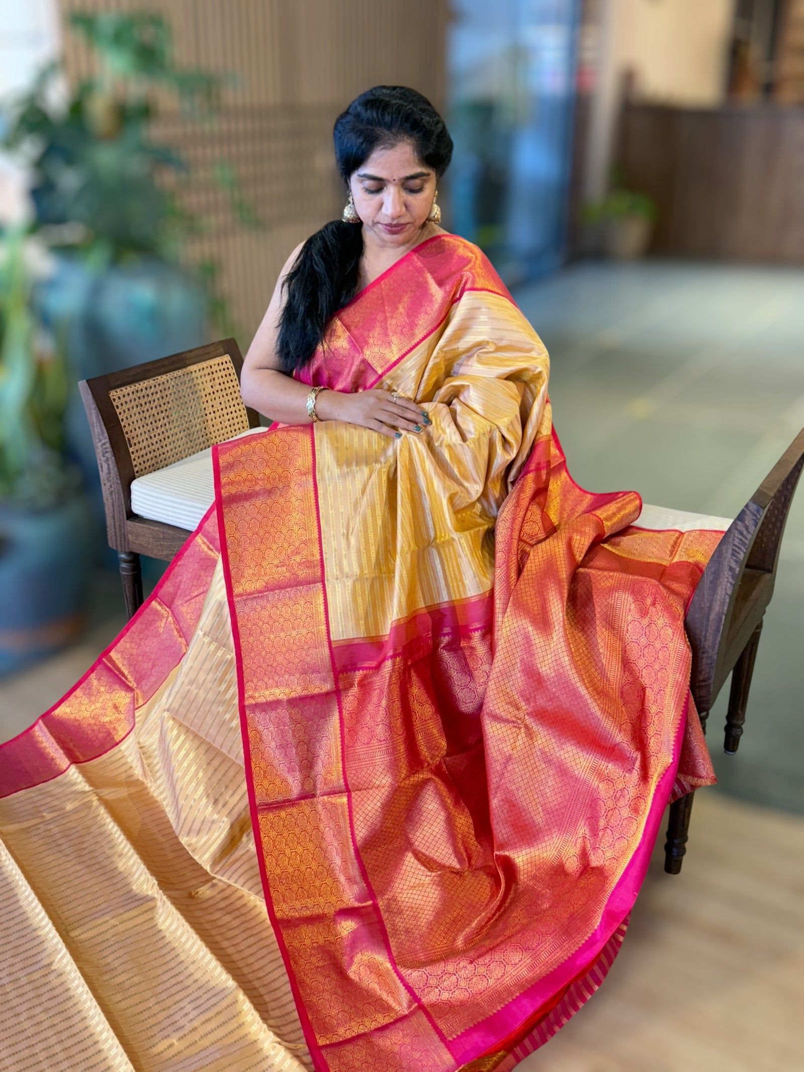 Beige  and Reddish Pink Combo kanchi  kuttu border saree with horizontal stripes