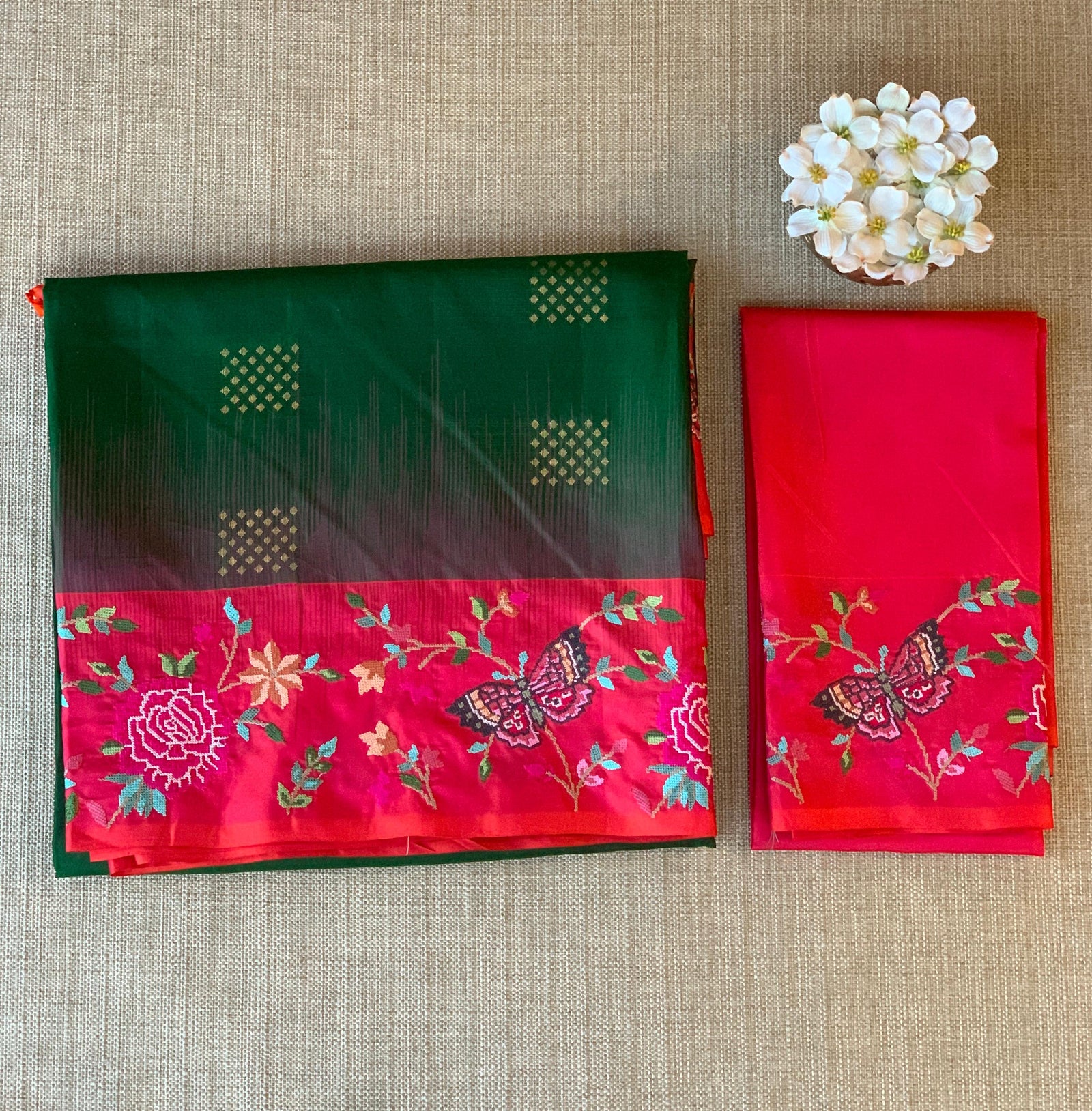 Bottle Green Kanchi Soft Silk Saree with petite point embroidered border