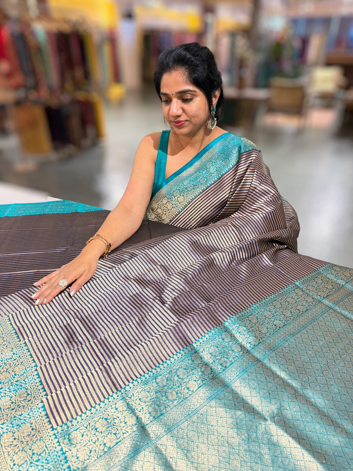 Navy Blue Banarasi Silk Stripes Saree