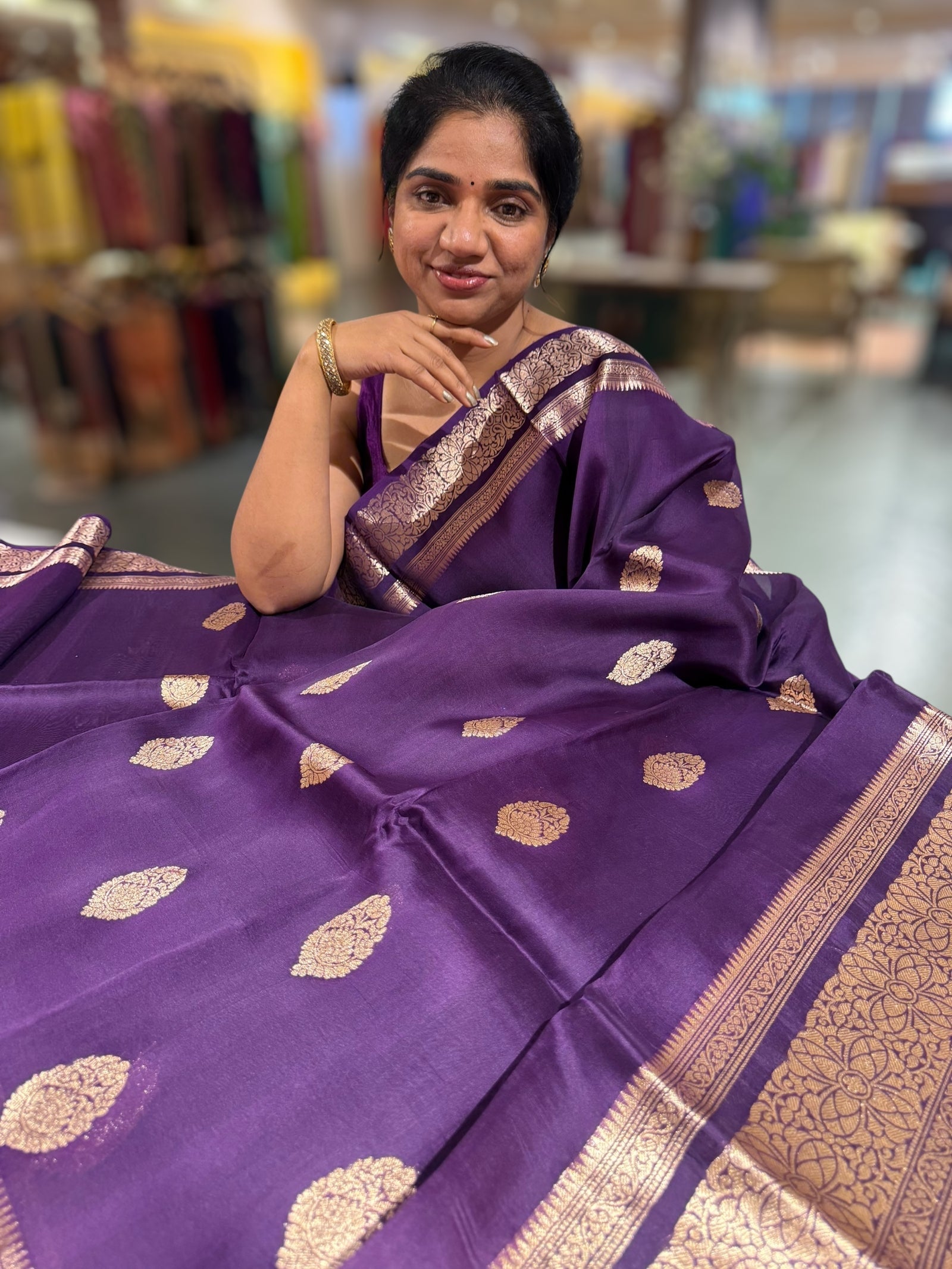 Violet monotone look Kora Banarasi Saree