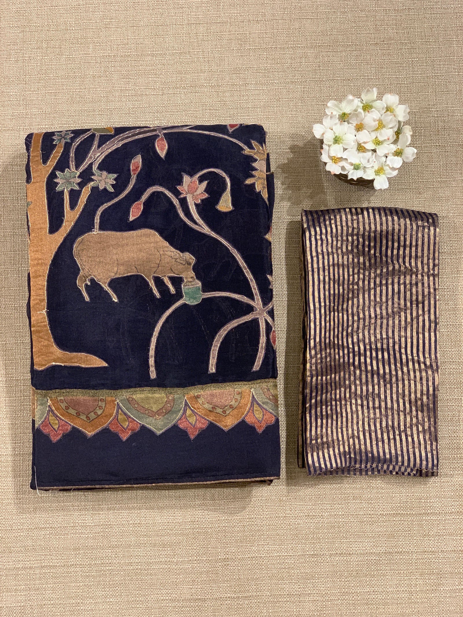 Midnight Blue Designer Organza Saree with Stunning Tissue Applique work Saree with Village theme