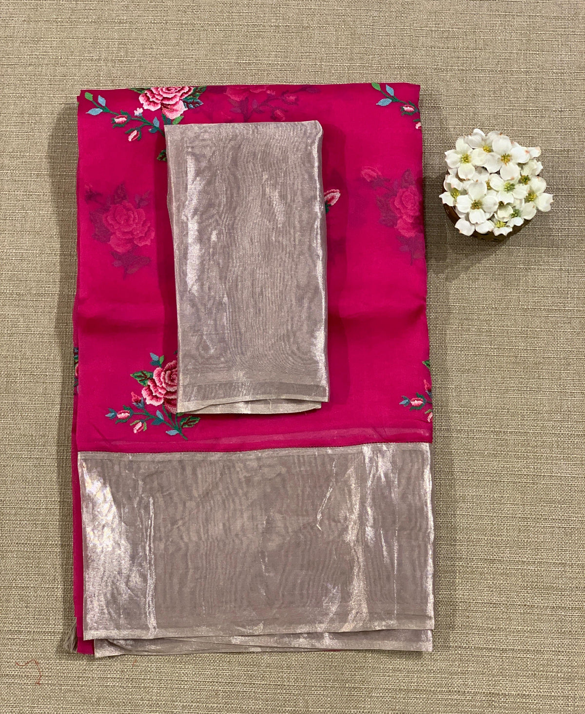 Rani Pink Pure Organza Saree with pure Tissue Border
