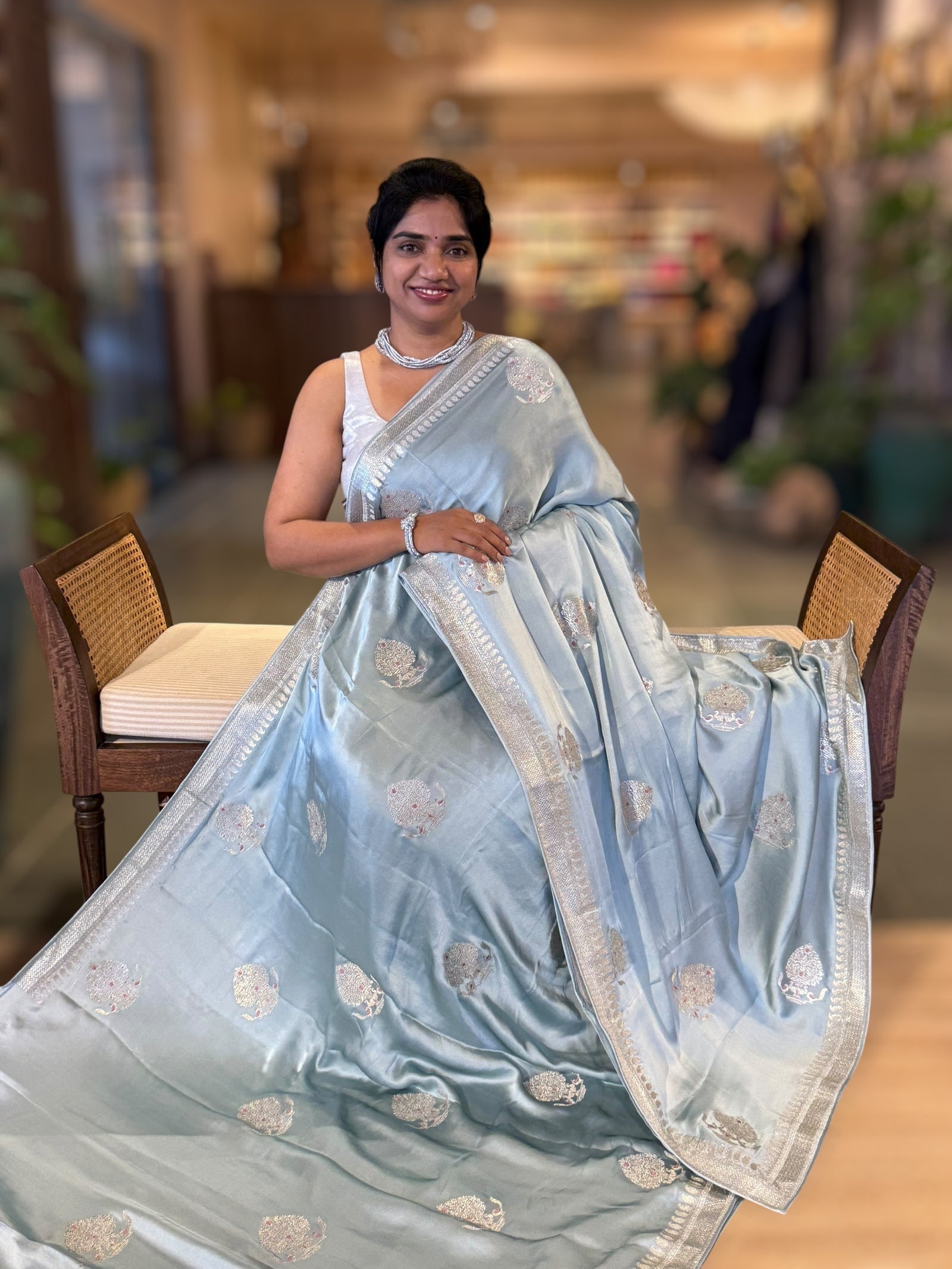 Powder Blue Satin Saree with Embroidery.