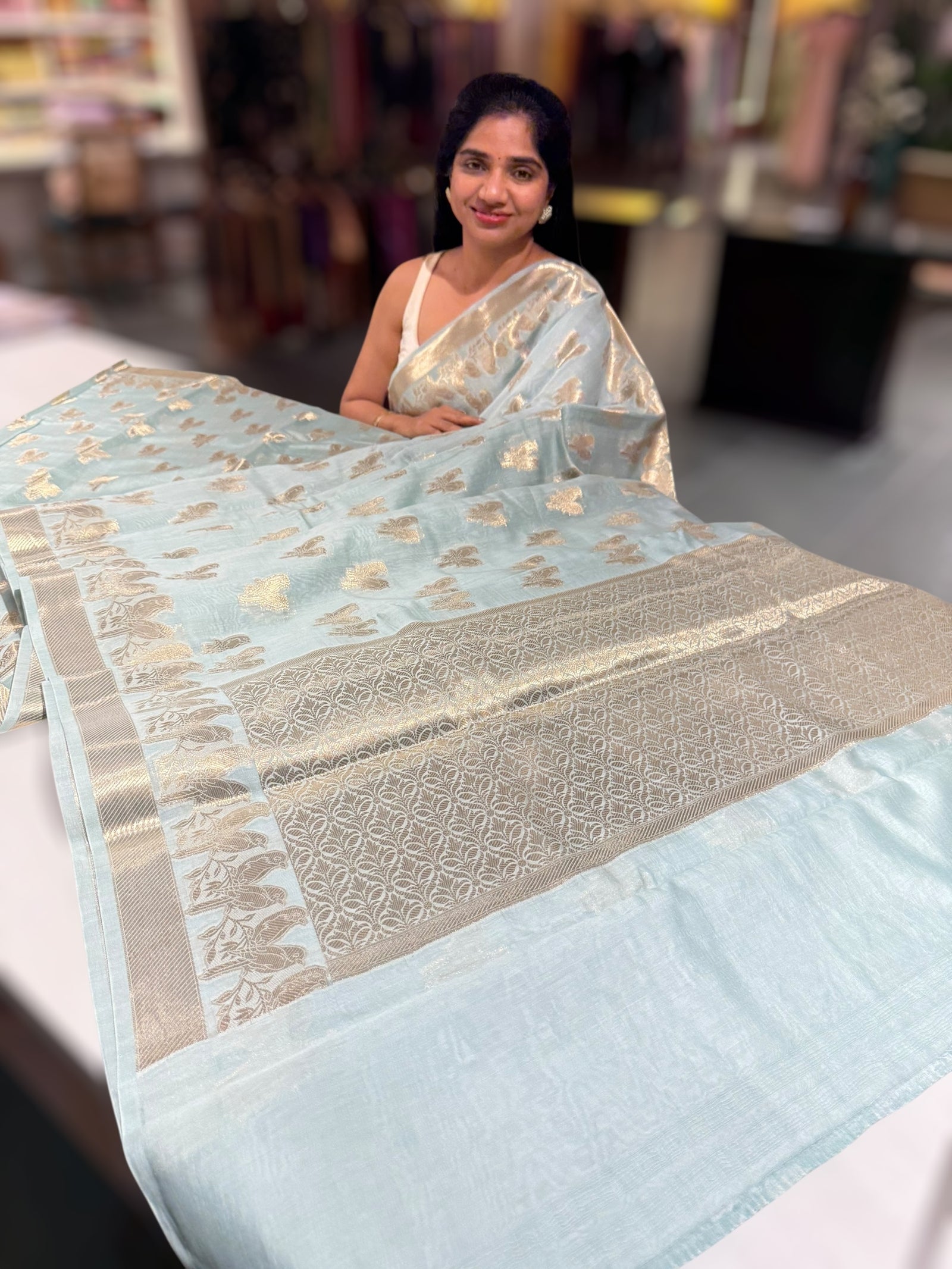 Pastel Blue Banarasi Mul Silk Cotton Saree