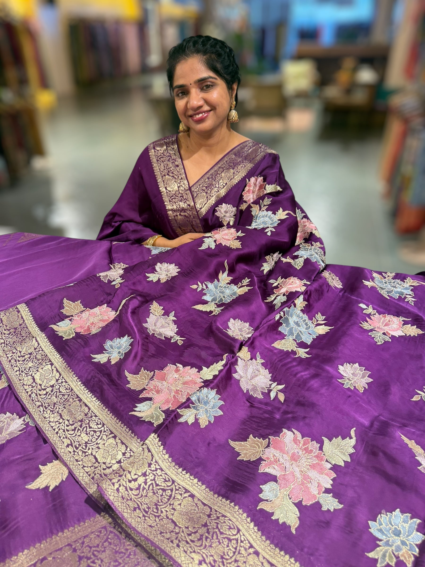 Wine Mashru Satin Saree with Allover Floral embroidery
