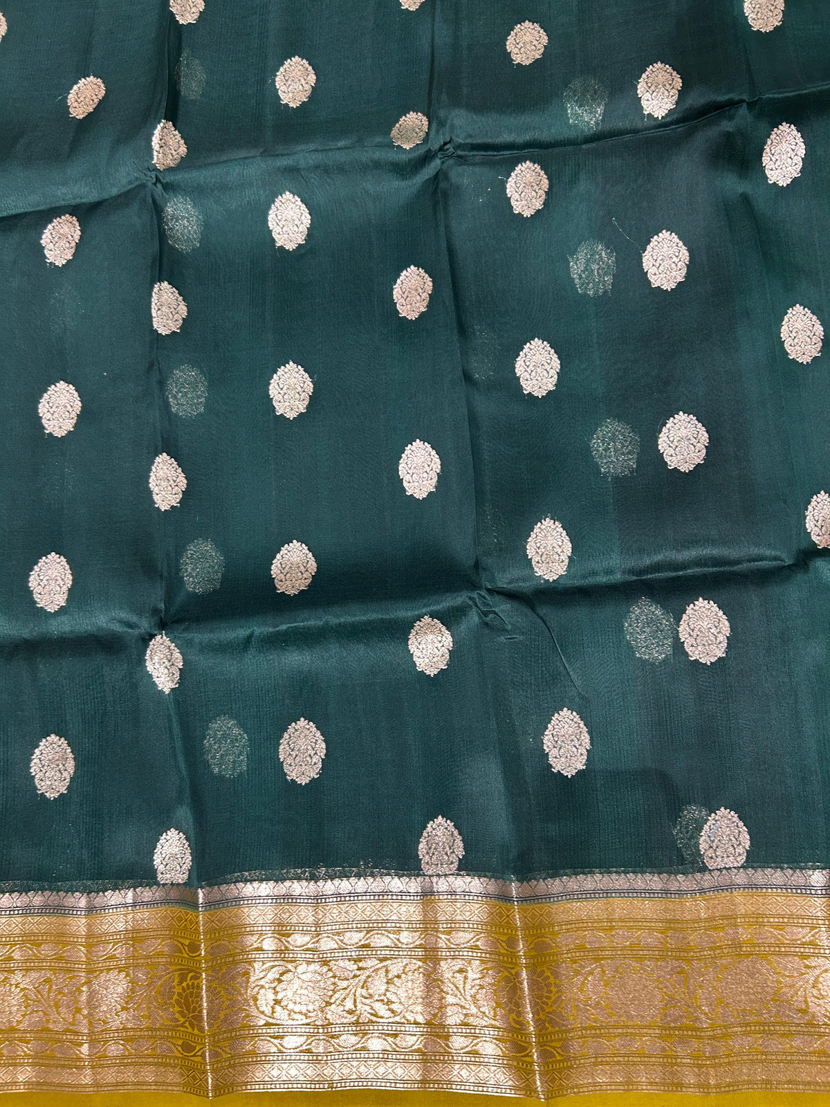 Bottle Green & Moong dal green combo Pure Handloom premium Kora Banarasi Saree
