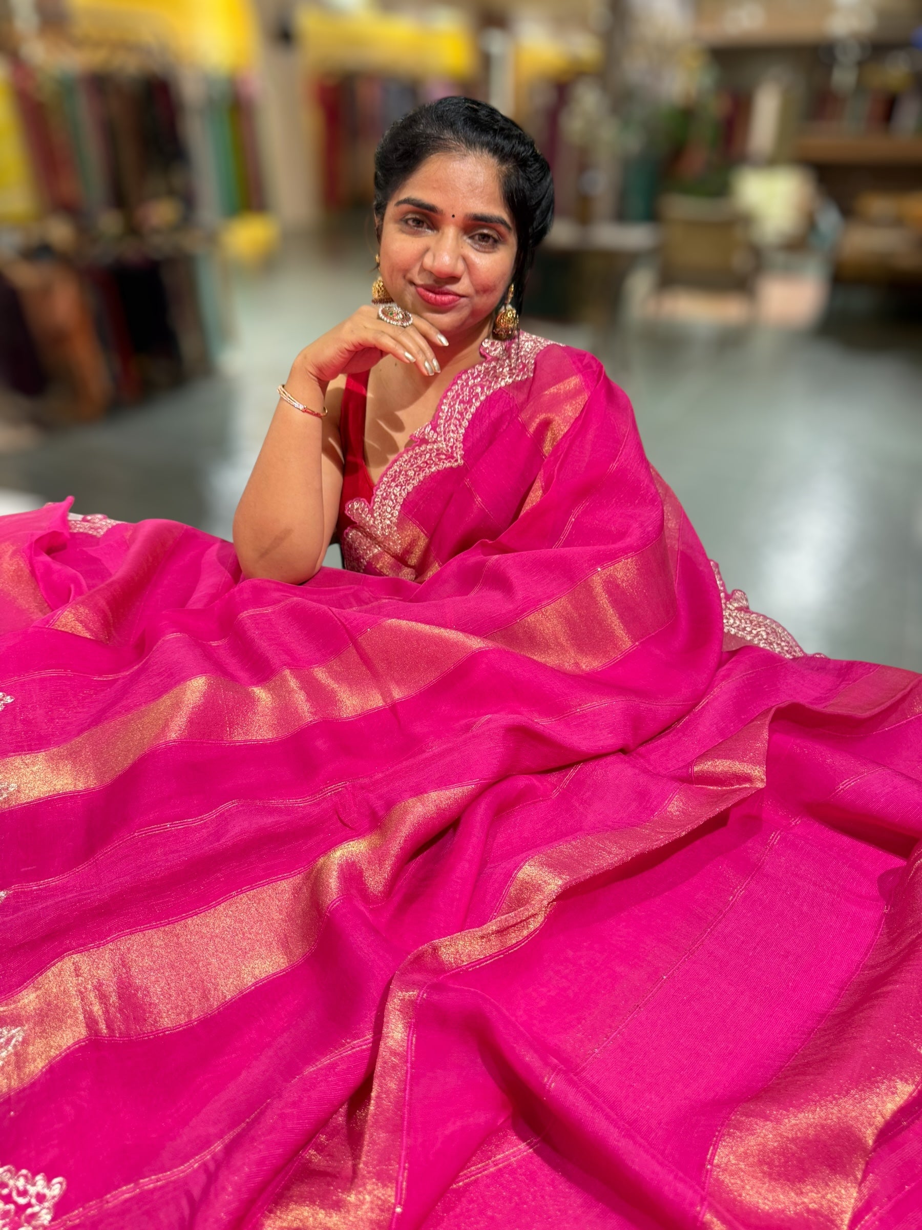 Rani Organza and Tissue stripes Saree with Pita Embroidery