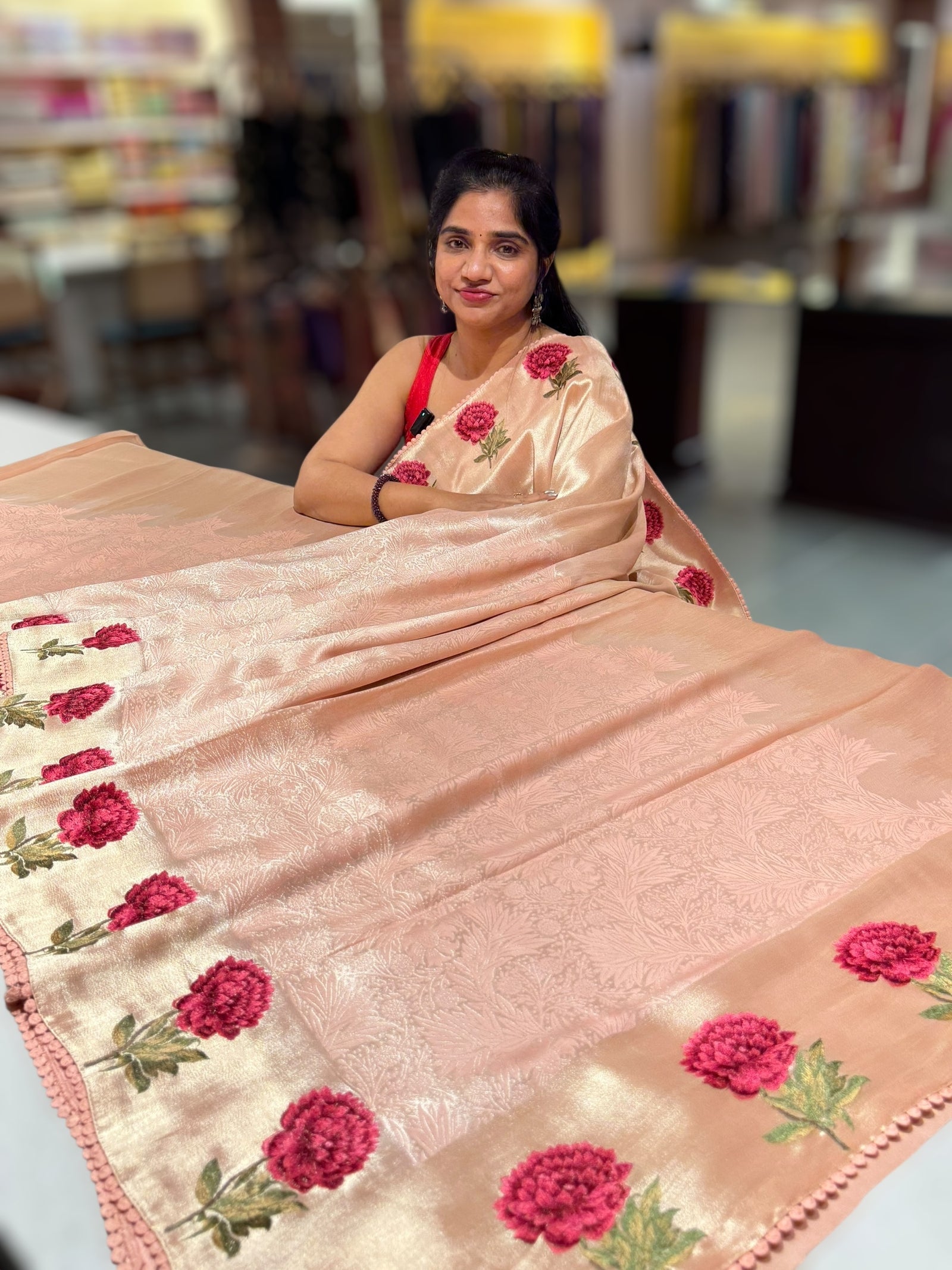 Peach pink Banarasi Brocade tissue saree with tonchui style weaving & embroidered dahlia flower border