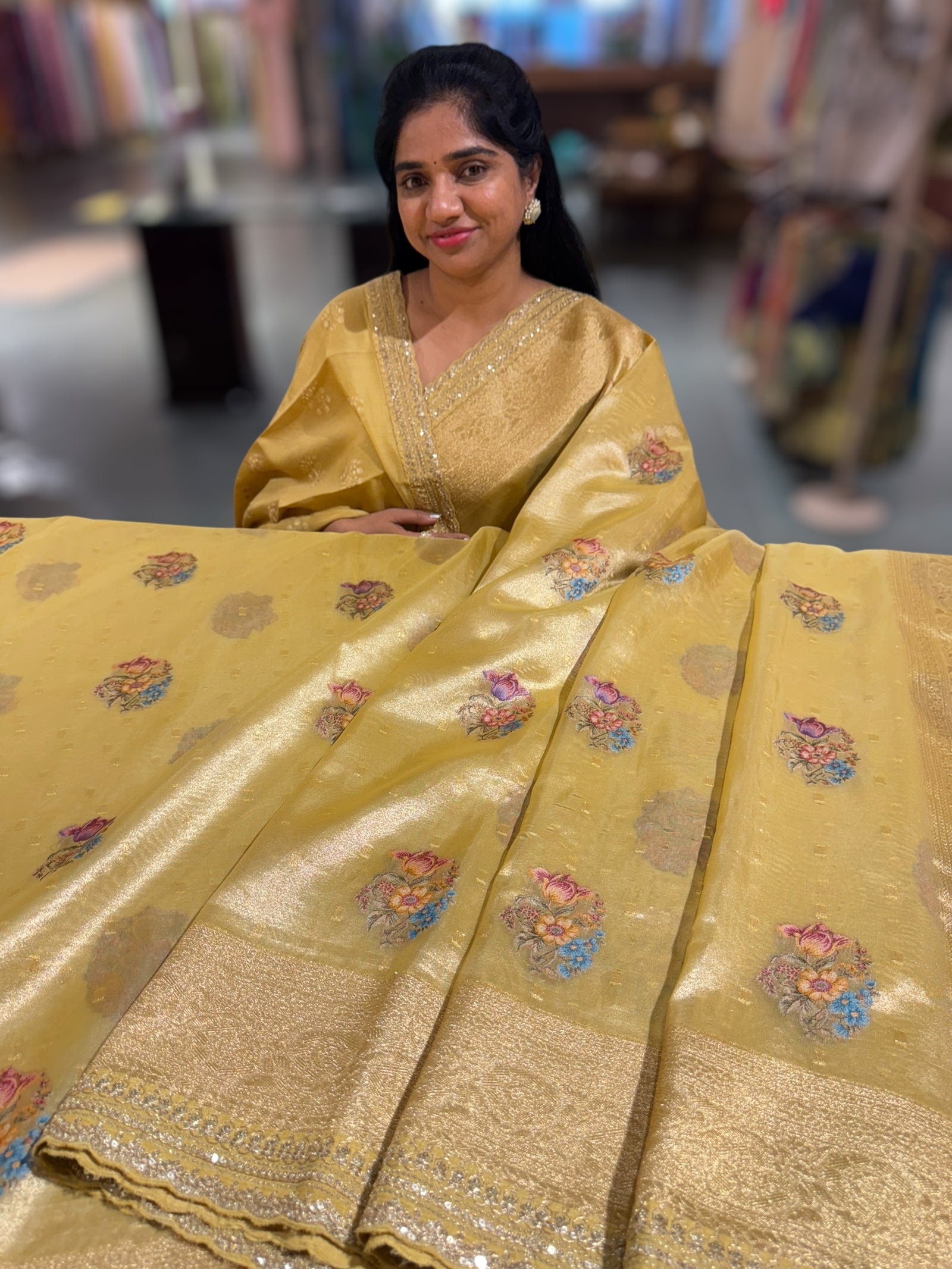 Pastel yellow banarasi tissue saree